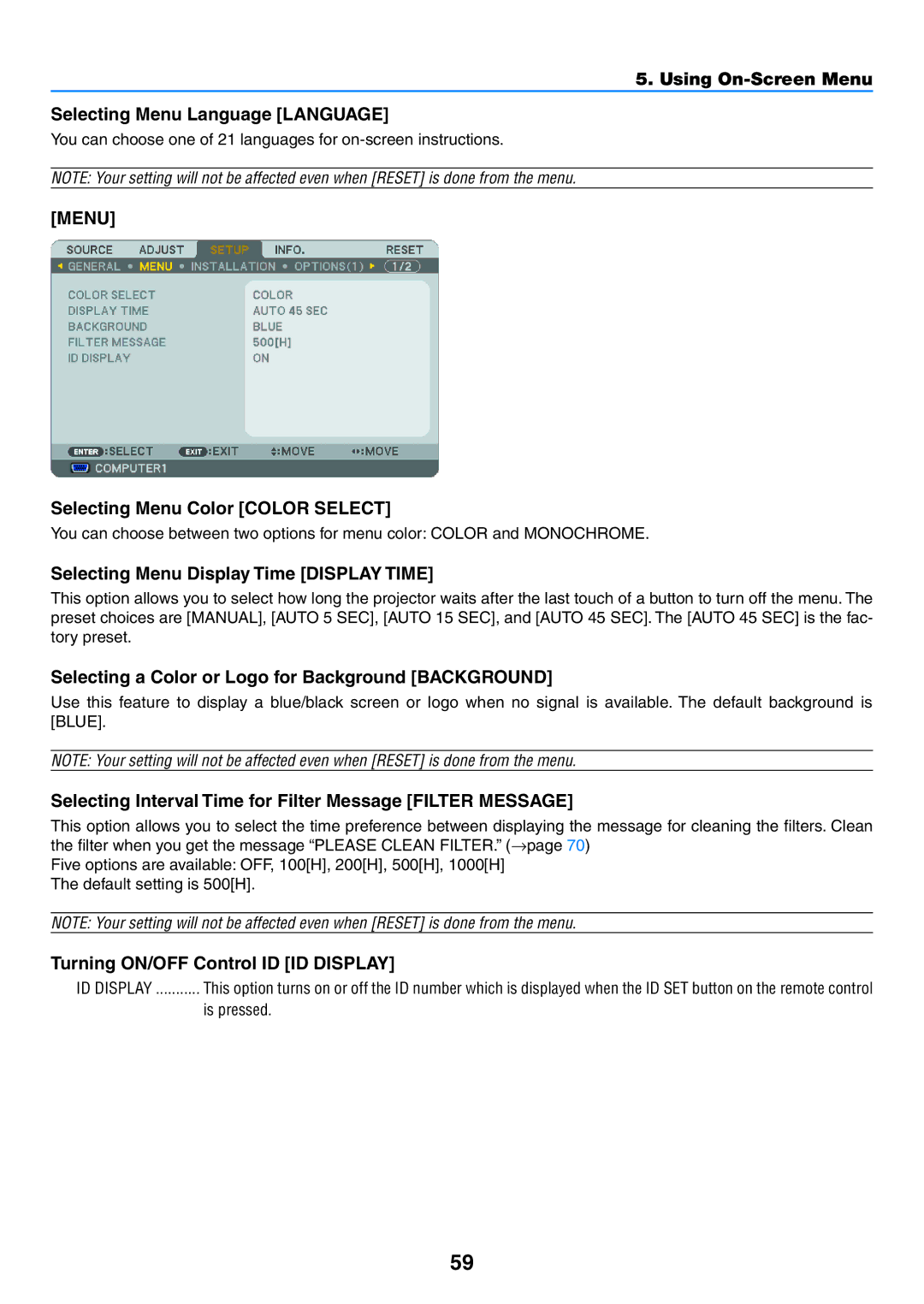 NEC NP500G, NP600G, NP500WG, NP400G user manual Menu 