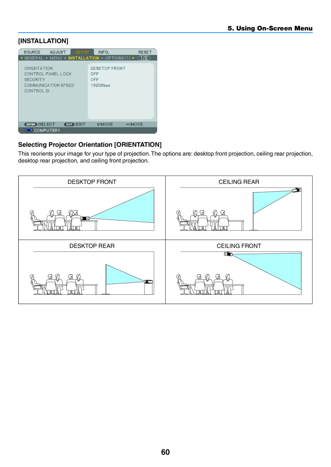 NEC NP400G, NP600G, NP500WG, NP500G user manual Installation, Selecting Projector Orientation Orientation 