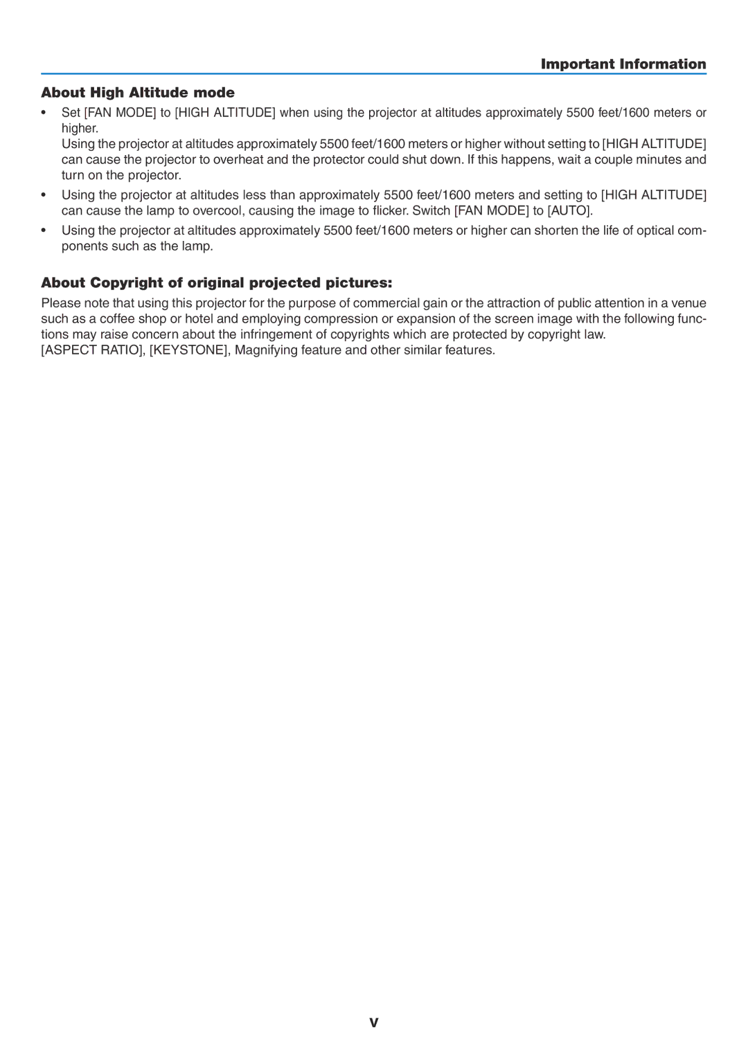 NEC NP600G, NP500WG, NP400 Important Information About High Altitude mode, About Copyright of original projected pictures 