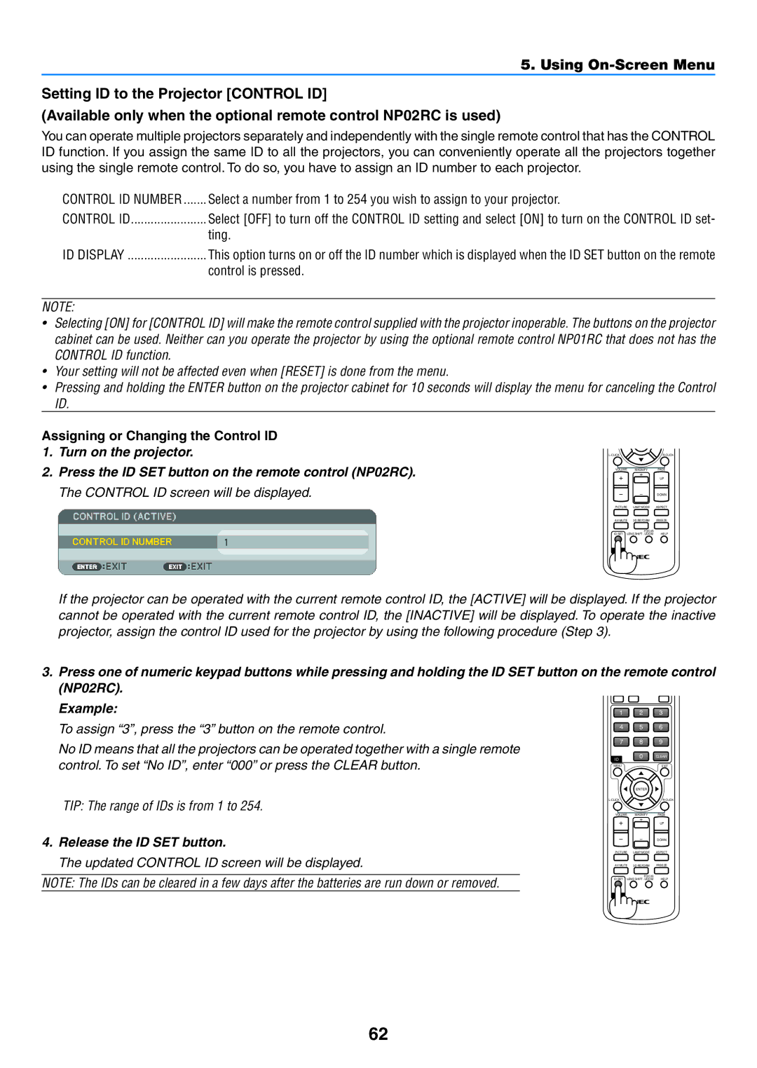 NEC NP500WG, NP600G, NP400, NP500G Ting, Control is pressed, Assigning or Changing the Control ID, Release the ID SET button 