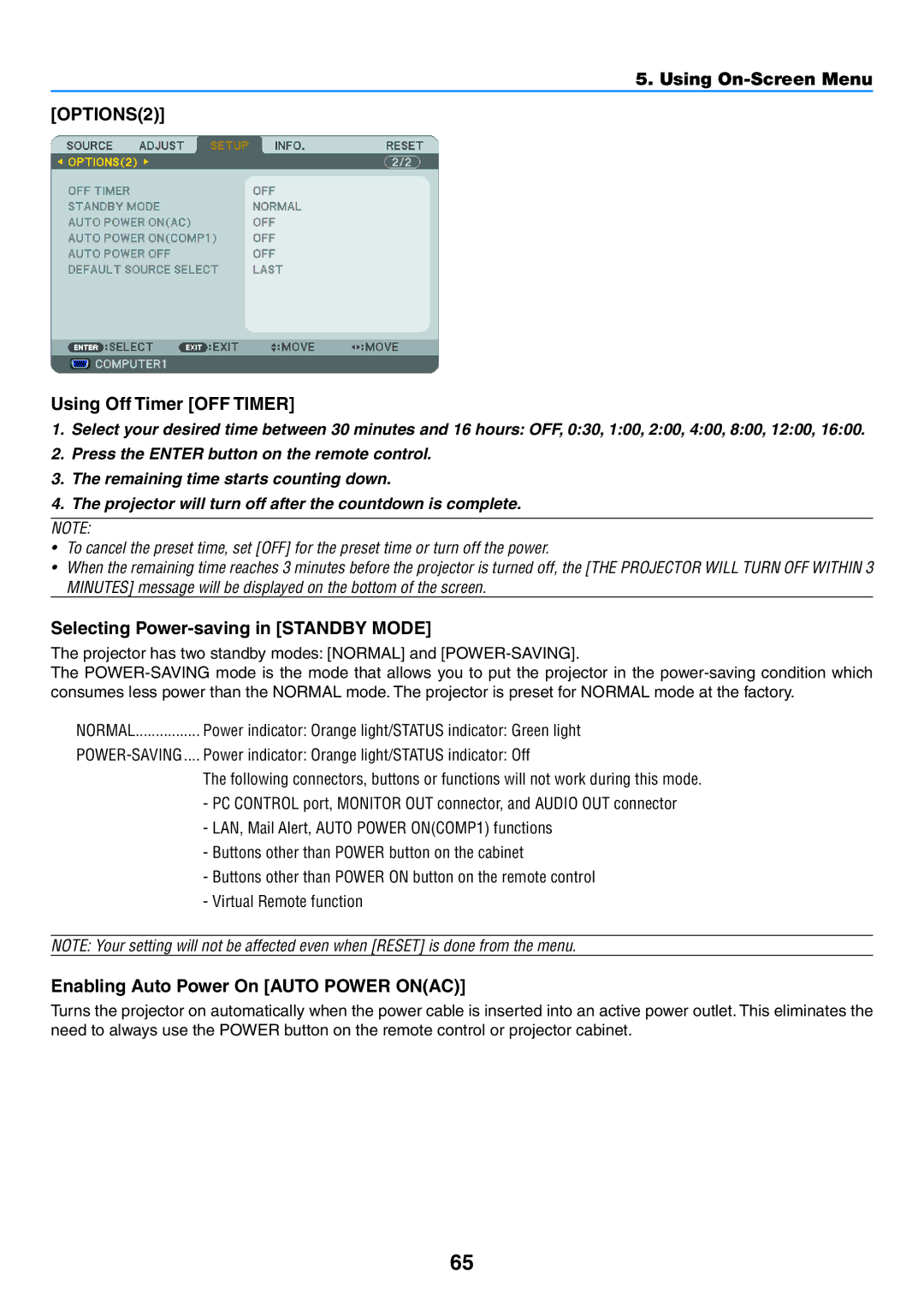 NEC NP600G, NP500WG, NP500G, NP400G OPTIONS2, Using Off Timer OFF Timer, Selecting Power-saving in Standby Mode 