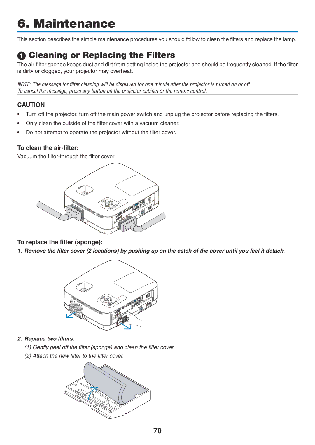 NEC NP500W, NP600G Maintenance,  Cleaning or Replacing the Filters, To clean the air-filter, To replace the filter sponge 