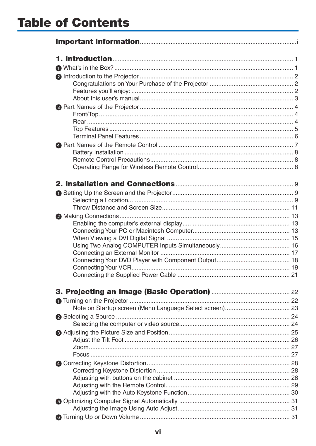 NEC NP500WG, NP600G, NP500G, NP400G user manual Table of Contents 