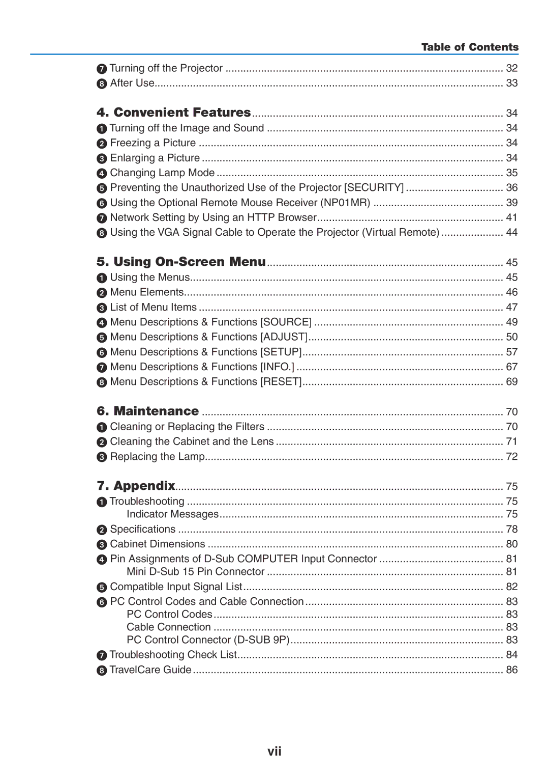 NEC NP600G, NP500WG, NP500G, NP400G user manual Table of Contents 