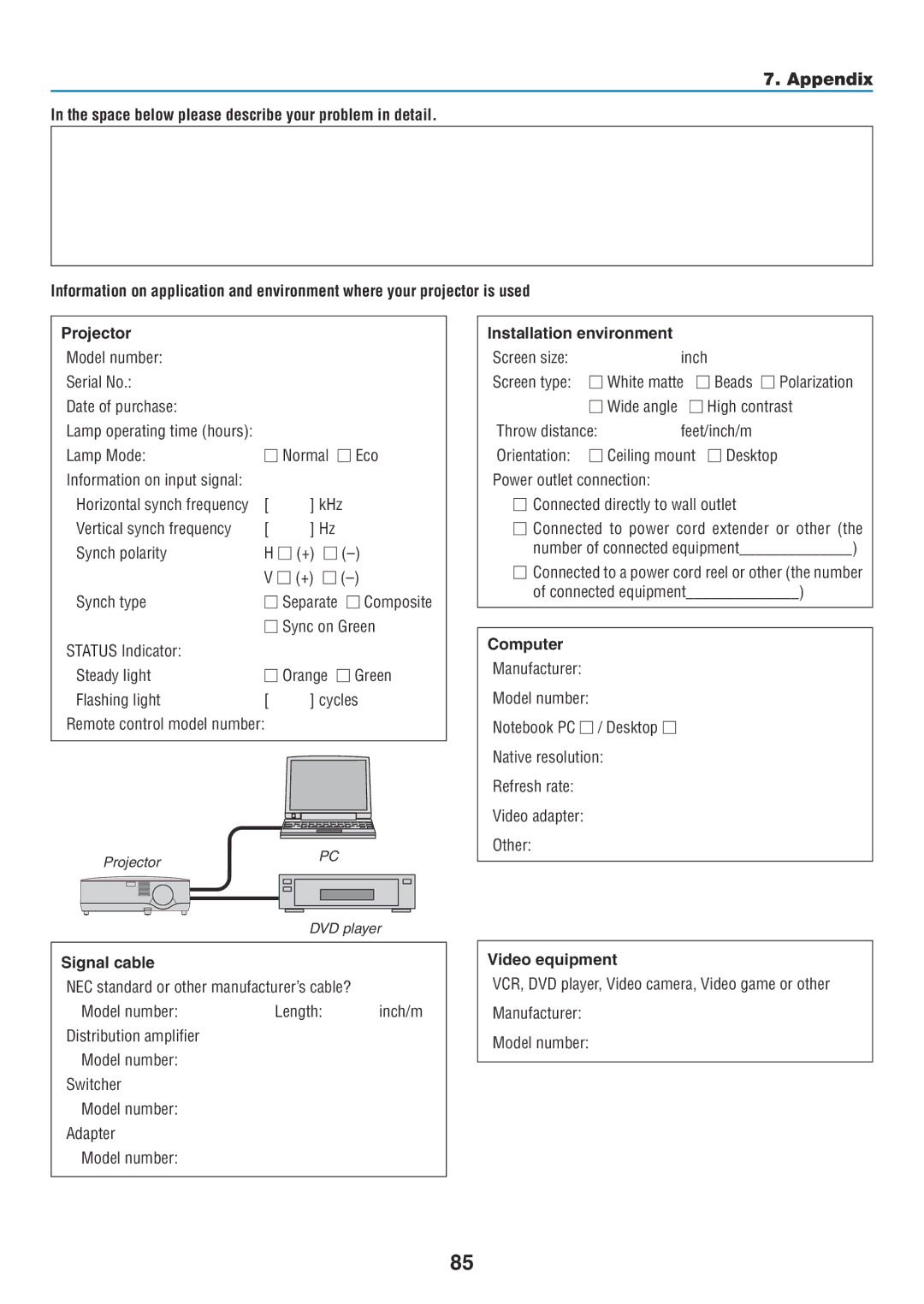 NEC NP600G, NP500WG, NP500G, NP400G user manual Signal cable, Installation environment, Computer, Video equipment 