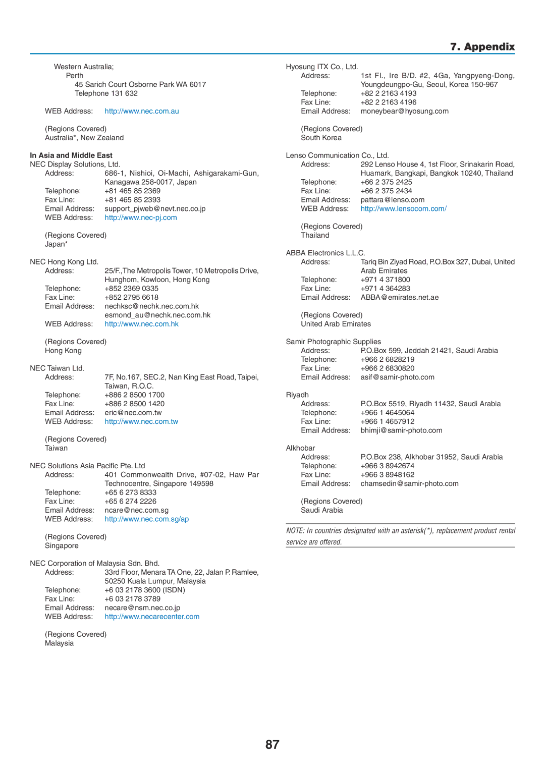 NEC NP500G, NP600G, NP500WG, NP400G user manual Asia and Middle East 