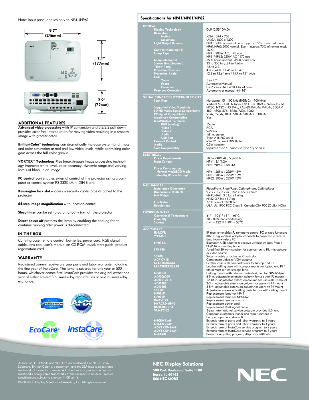 NEC NP41, NP62, NP61 quick start Additional Features, Box, Warranty 