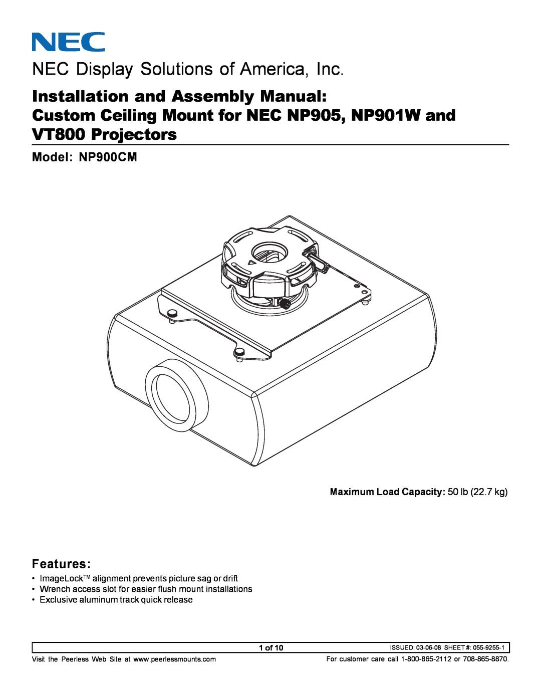 NEC NP900CM manual Installation and Assembly Manual, Custom Ceiling Mount for NEC NP905, NP901W and VT800 Projectors, 1 of 