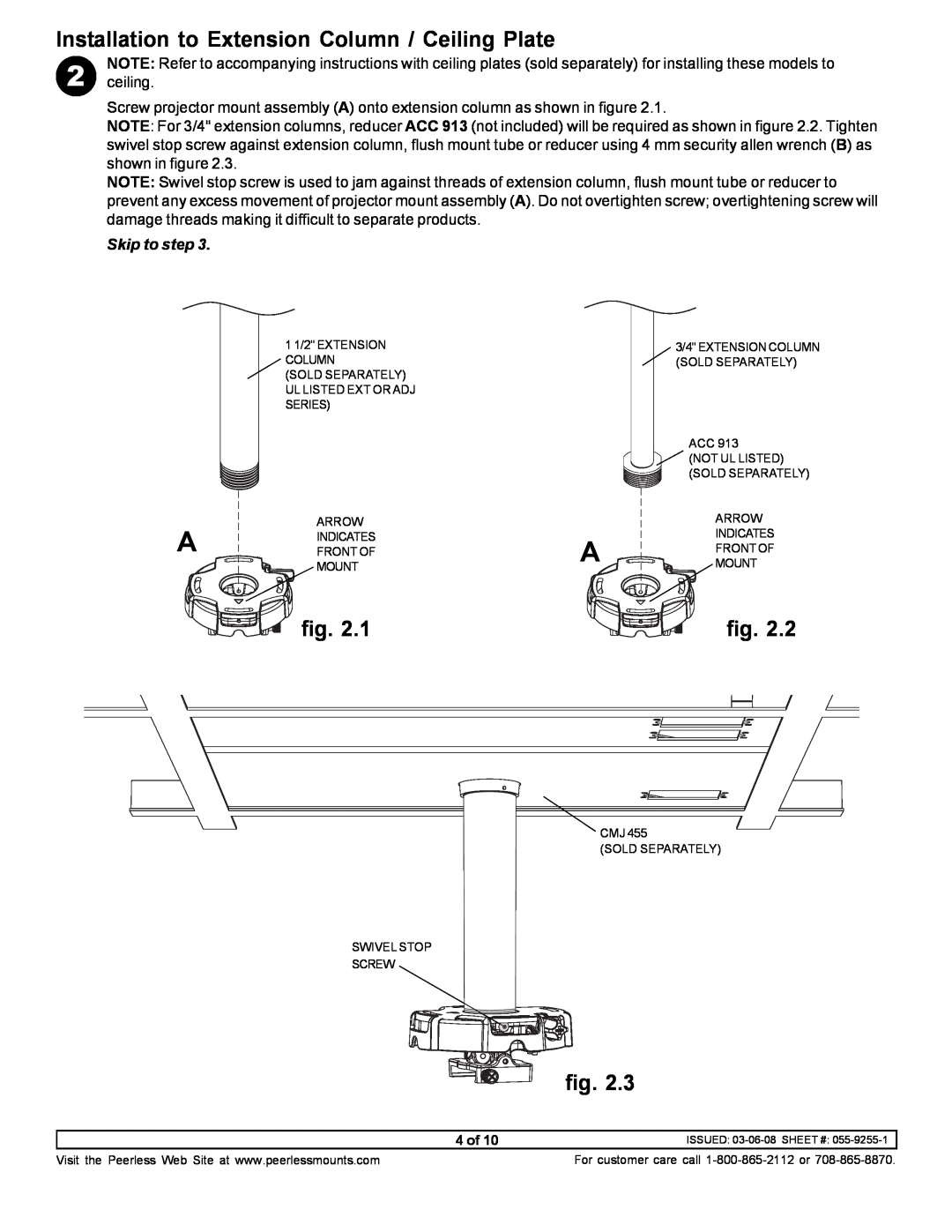 NEC NP900CM manual Installation to Extension Column / Ceiling Plate, Skip to step, ceiling 
