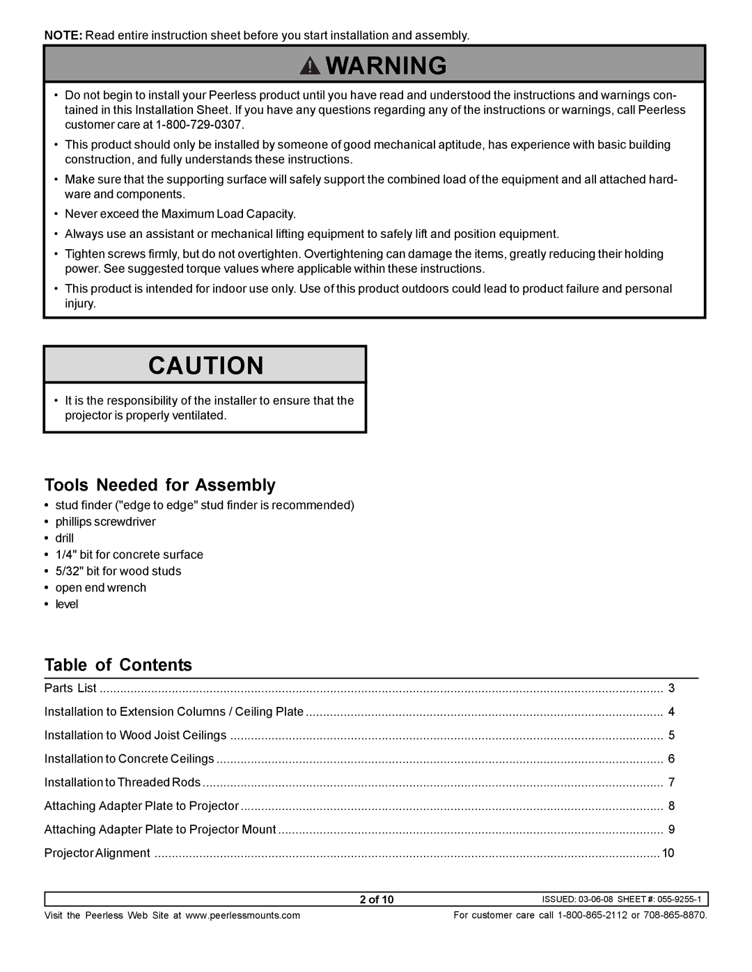 NEC NP900CM manual Tools Needed for Assembly, Table of Contents 