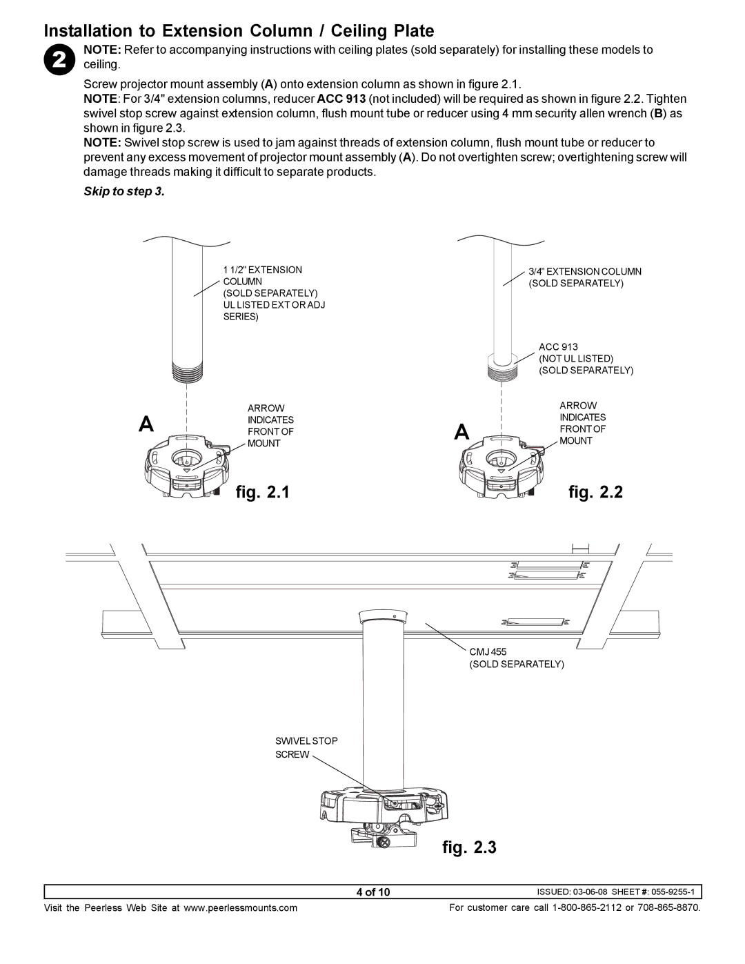 NEC NP900CM manual Installation to Extension Column / Ceiling Plate, Skip to step 