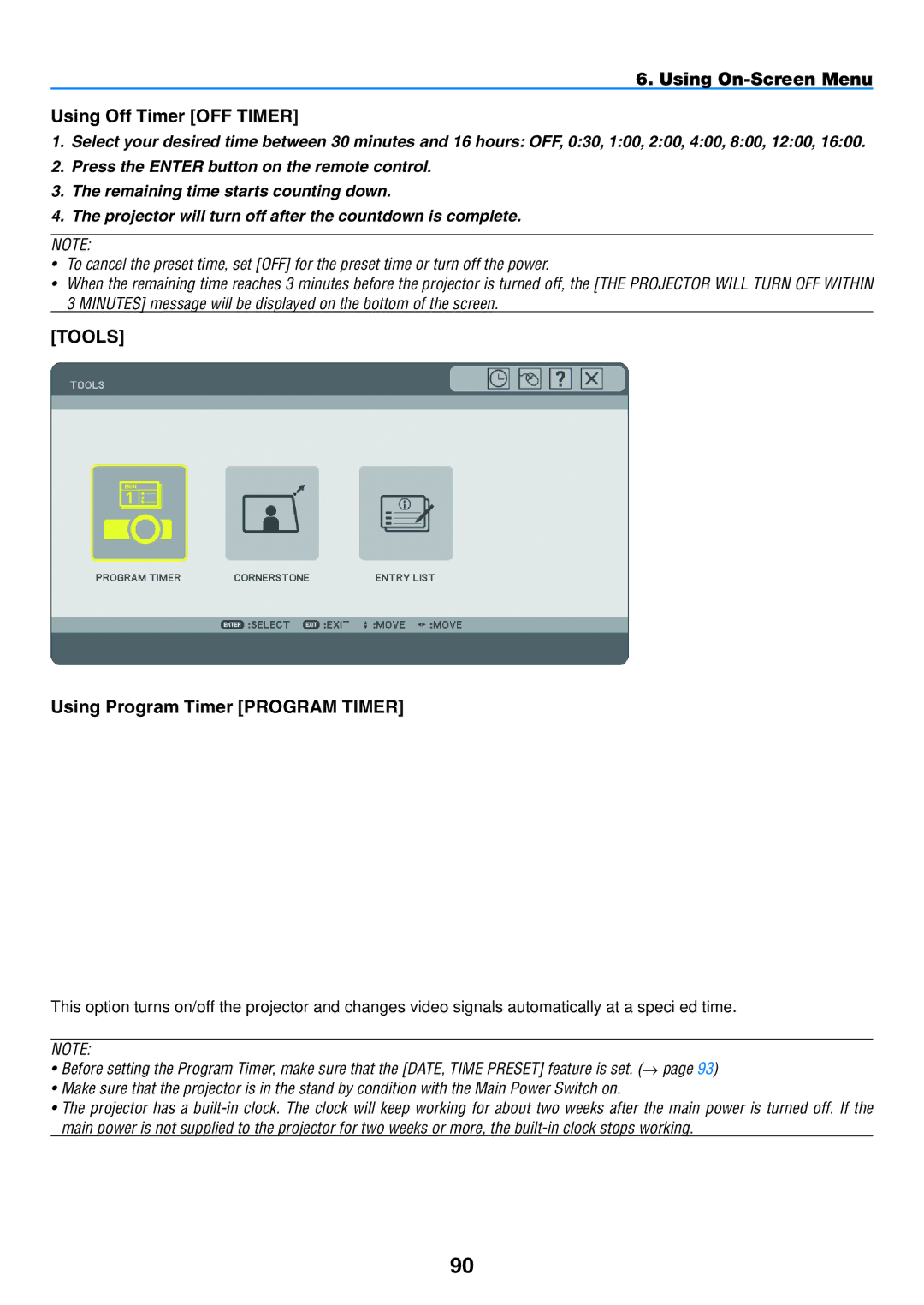 NEC NP901W user manual Using On-Screen Menu Using Off Timer Off Timer, Tools Using Program Timer Program Timer 