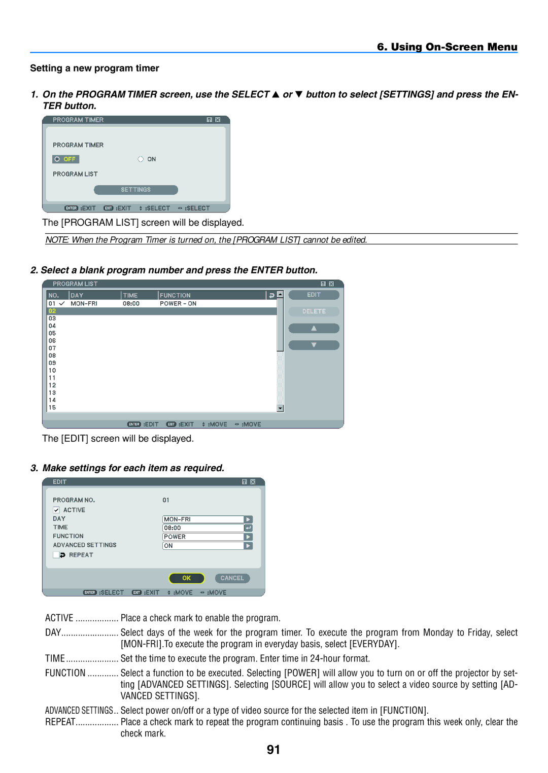 NEC NP901W Setting a new program timer, Select a blank program number and press the Enter button, Vanced Settings 