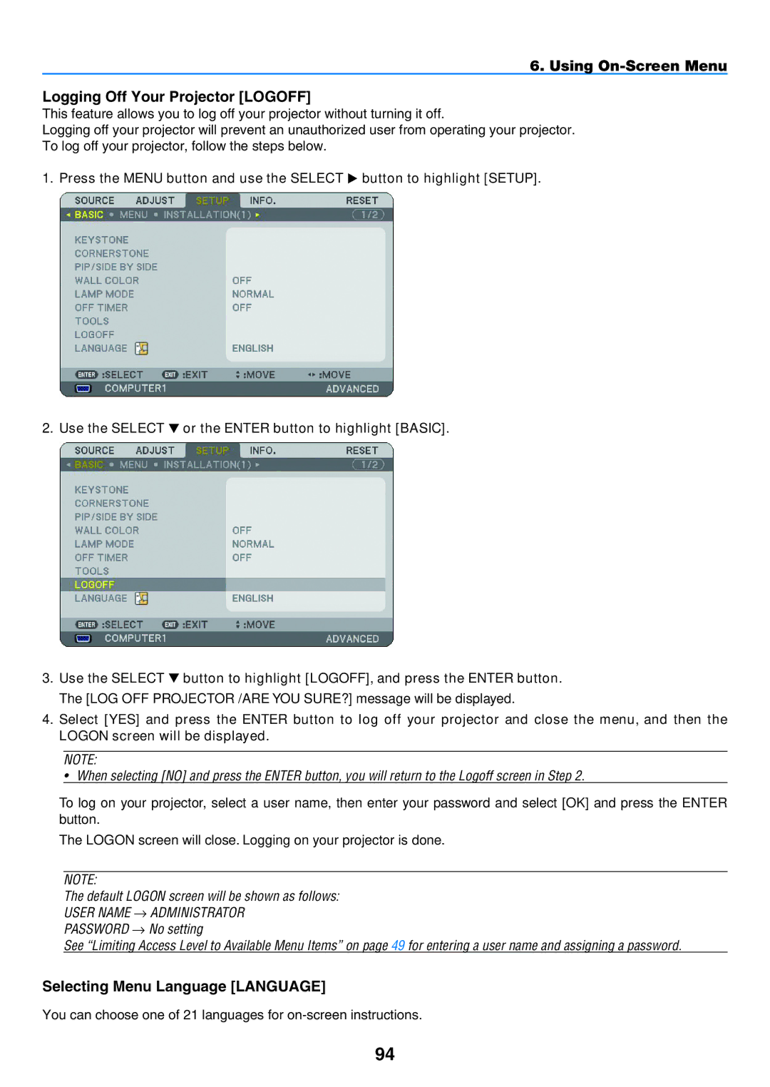 NEC NP901W user manual Using On-Screen Menu Logging Off Your Projector Logoff, Selecting Menu Language Language 