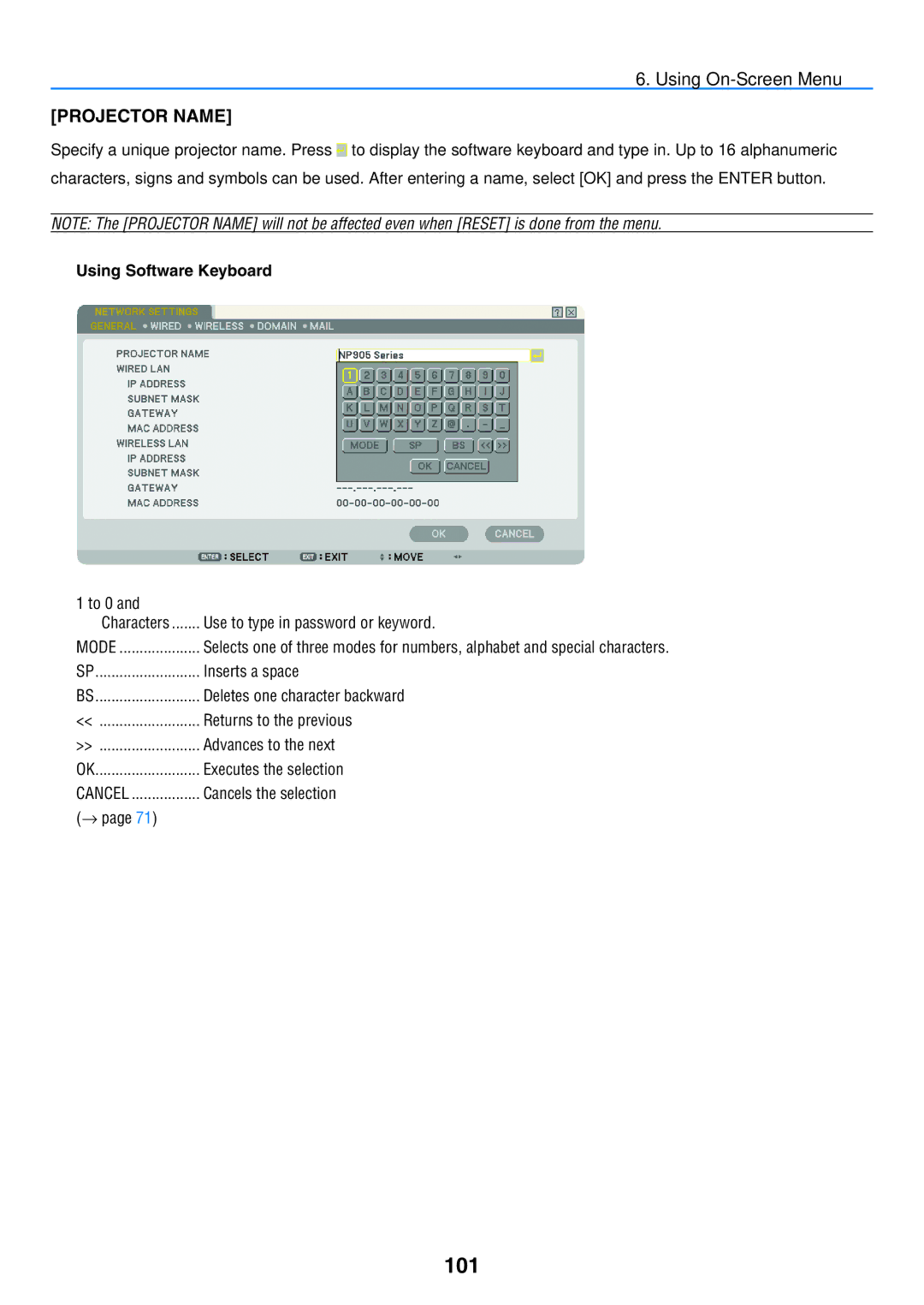 NEC NP901W user manual 101, Using On-Screen Menu Projector Name, Using Software Keyboard 