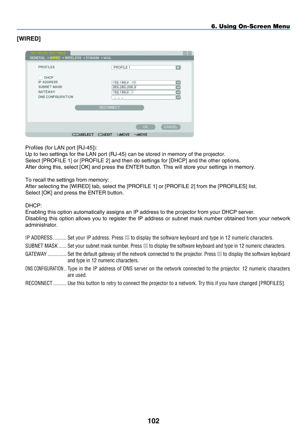 NEC NP901W user manual 102, Dhcp, Subnet Mask, Gateway, Type in 12 numeric characters 