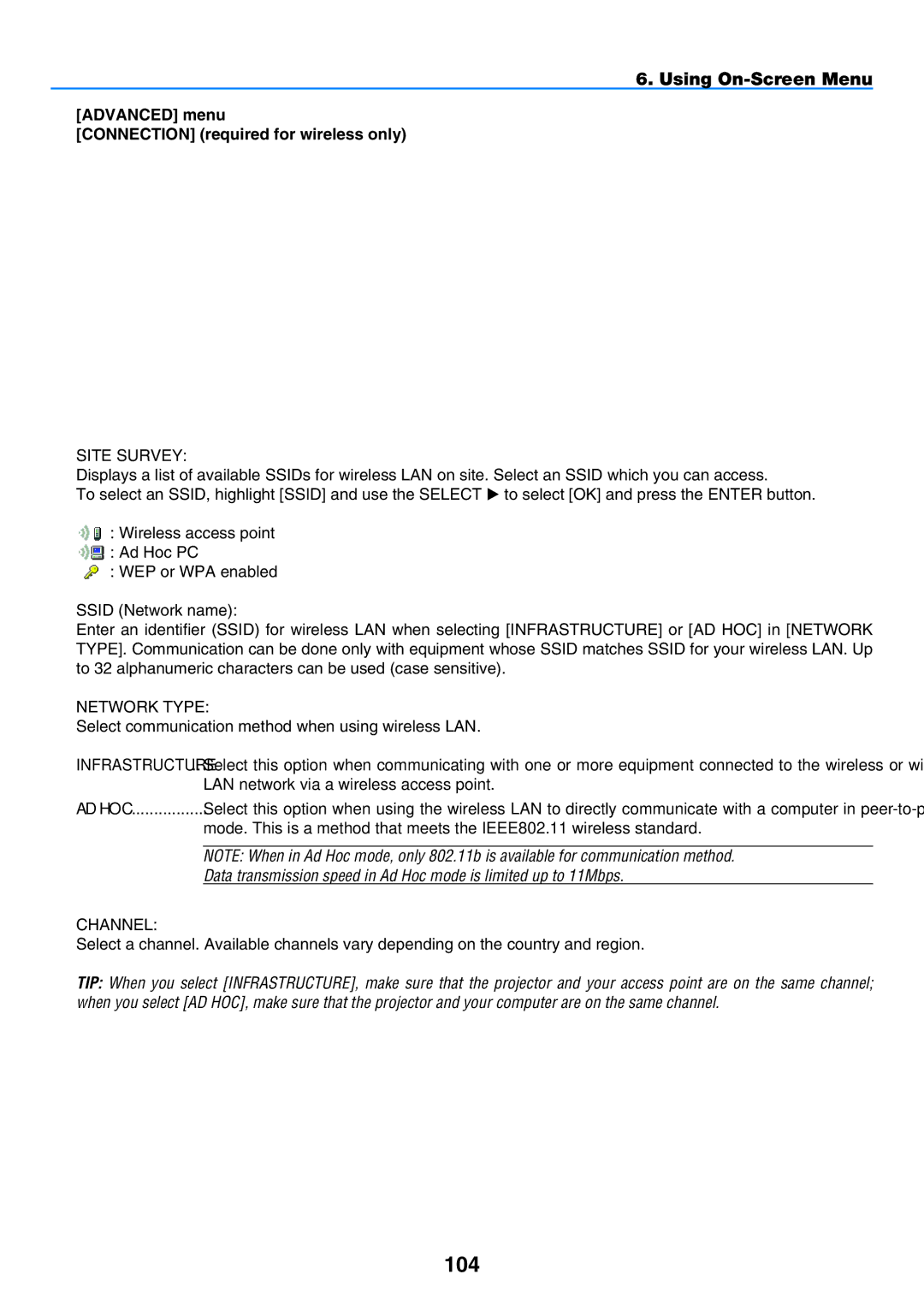 NEC NP901W user manual 104, Advanced menu Connection required for wireless only, Network Type 