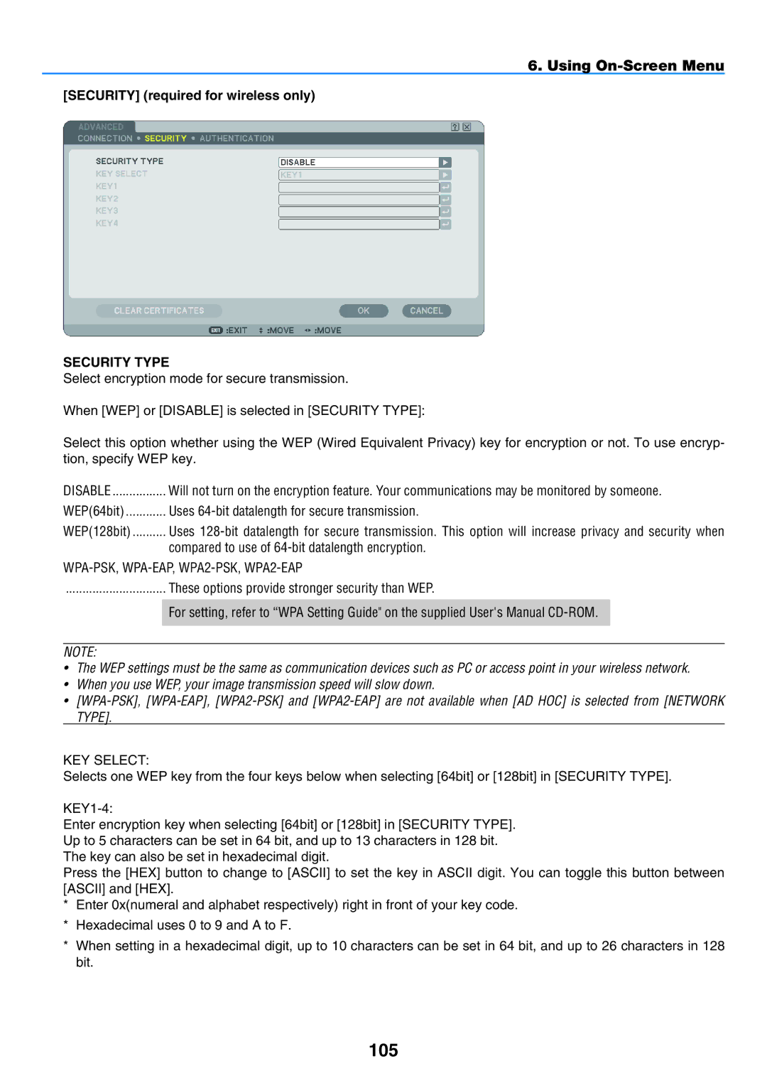 NEC NP901W user manual 105, Security required for wireless only, WPA-PSK, WPA-EAP, WPA2-PSK, WPA2-EAP 