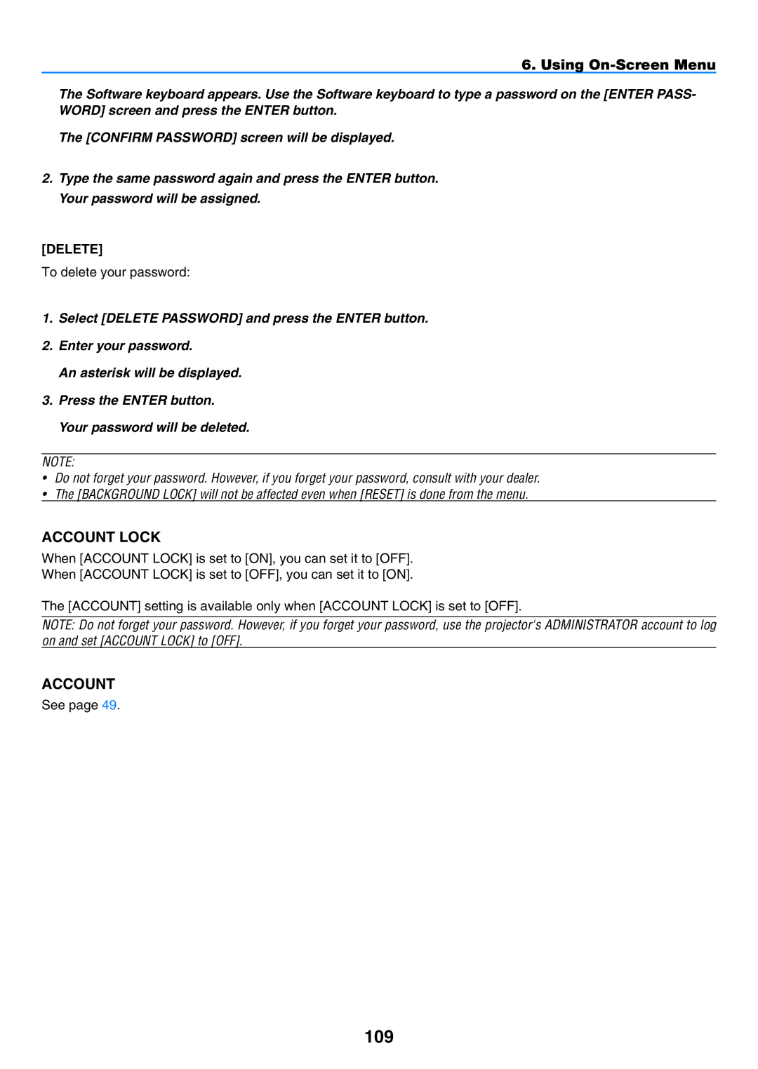 NEC NP901W user manual 109, To delete your password, See 