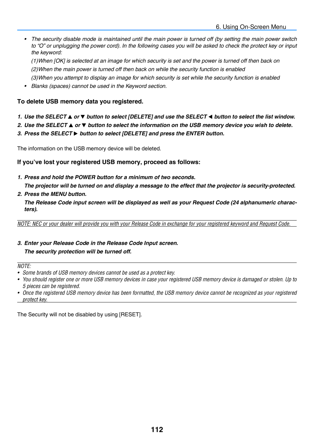 NEC NP901W user manual 112, To delete USB memory data you registered, Information on the USB memory device will be deleted 