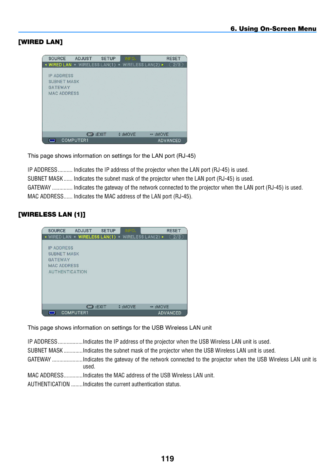 NEC NP901W user manual 119, Wired LAN, Wireless LAN, MAC Address Indicates the MAC address of the LAN port RJ-45 