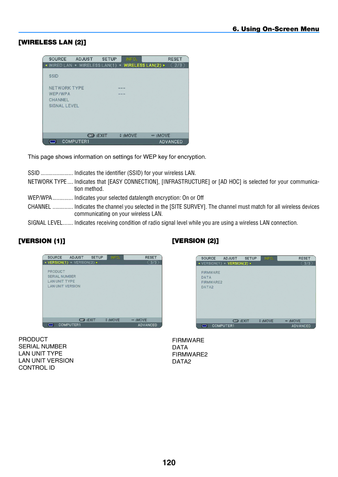 NEC NP901W user manual 120, Product Firmware, Data, LAN Unit Type FIRMWARE2 LAN Unit Version DATA2 Control ID 