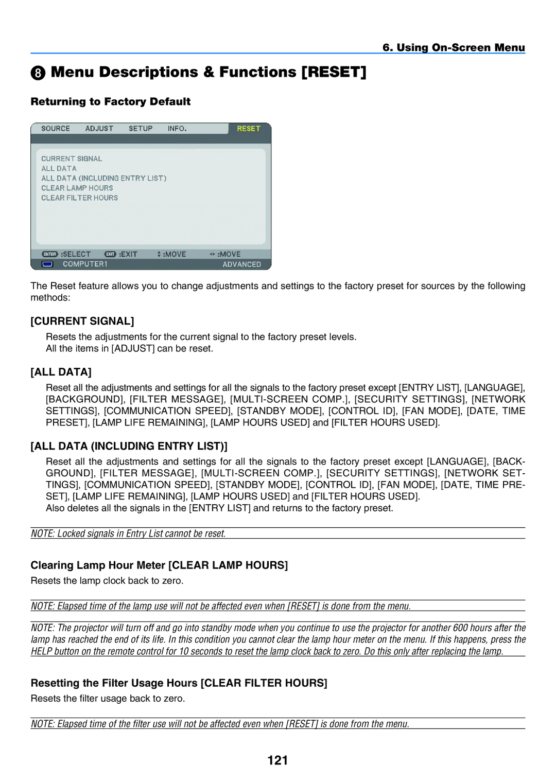 NEC NP901W user manual  Menu Descriptions & Functions Reset, 121 