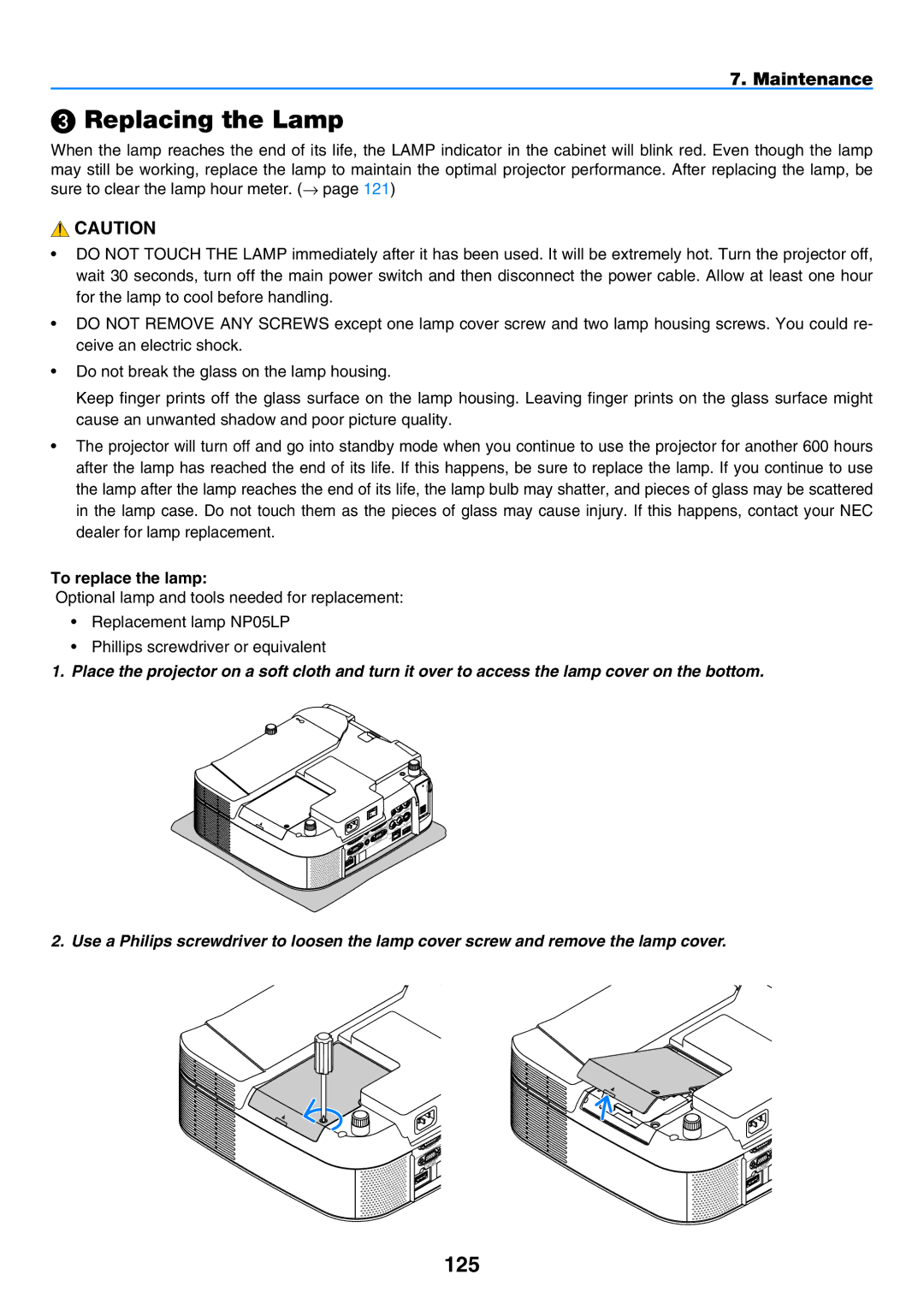 NEC NP901W user manual  Replacing the Lamp, 125, To replace the lamp 