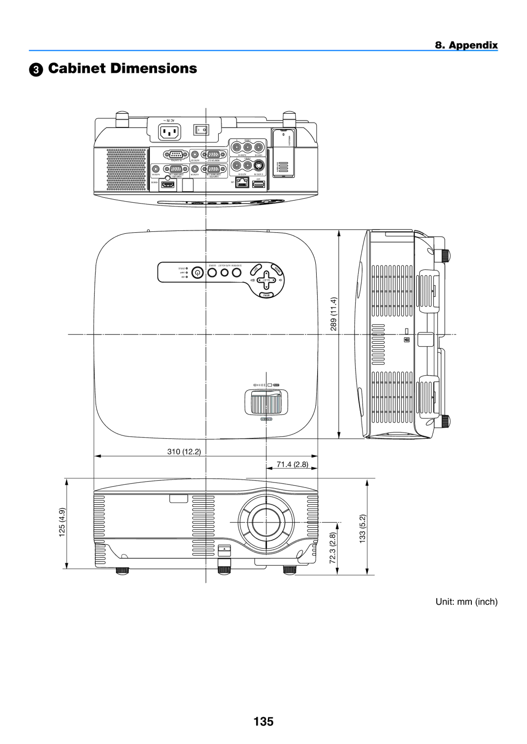 NEC NP901W user manual  Cabinet Dimensions, 135, Unit mm inch 