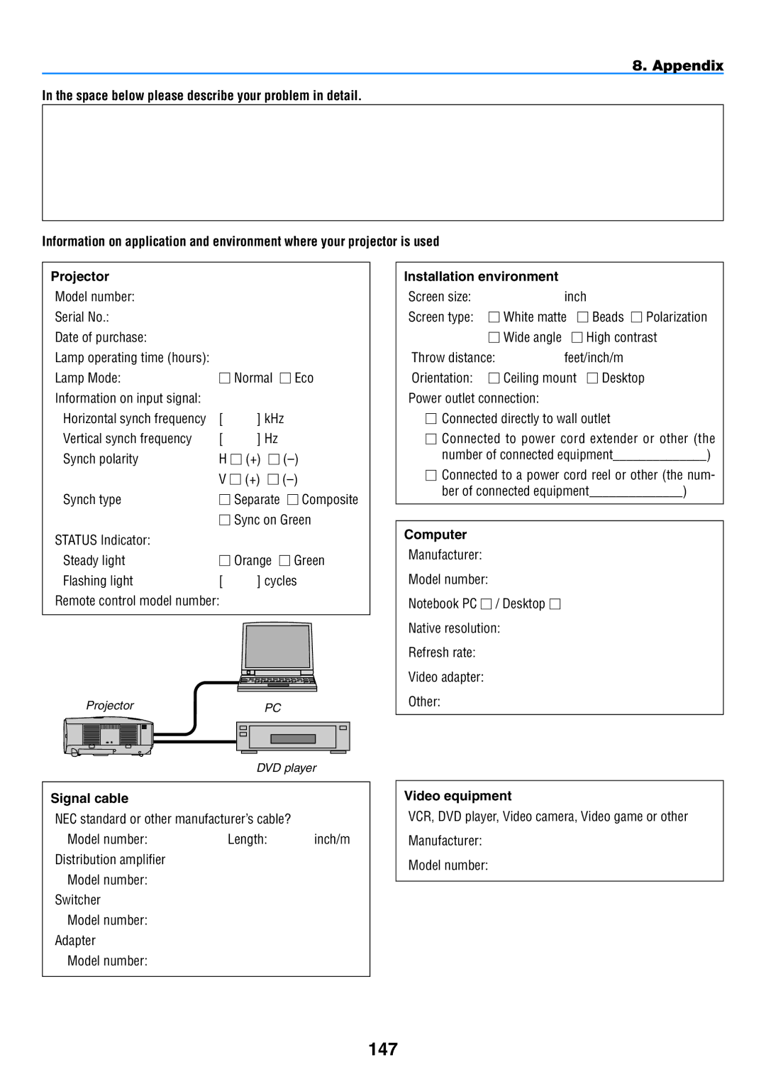 NEC NP901W user manual 147, Signal cable, Installation environment, Computer, Video equipment 