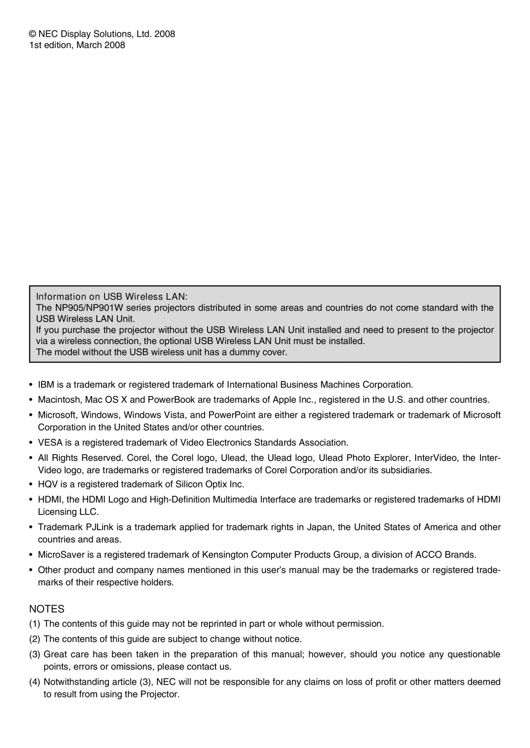 NEC NP901W user manual Information on USB Wireless LAN 