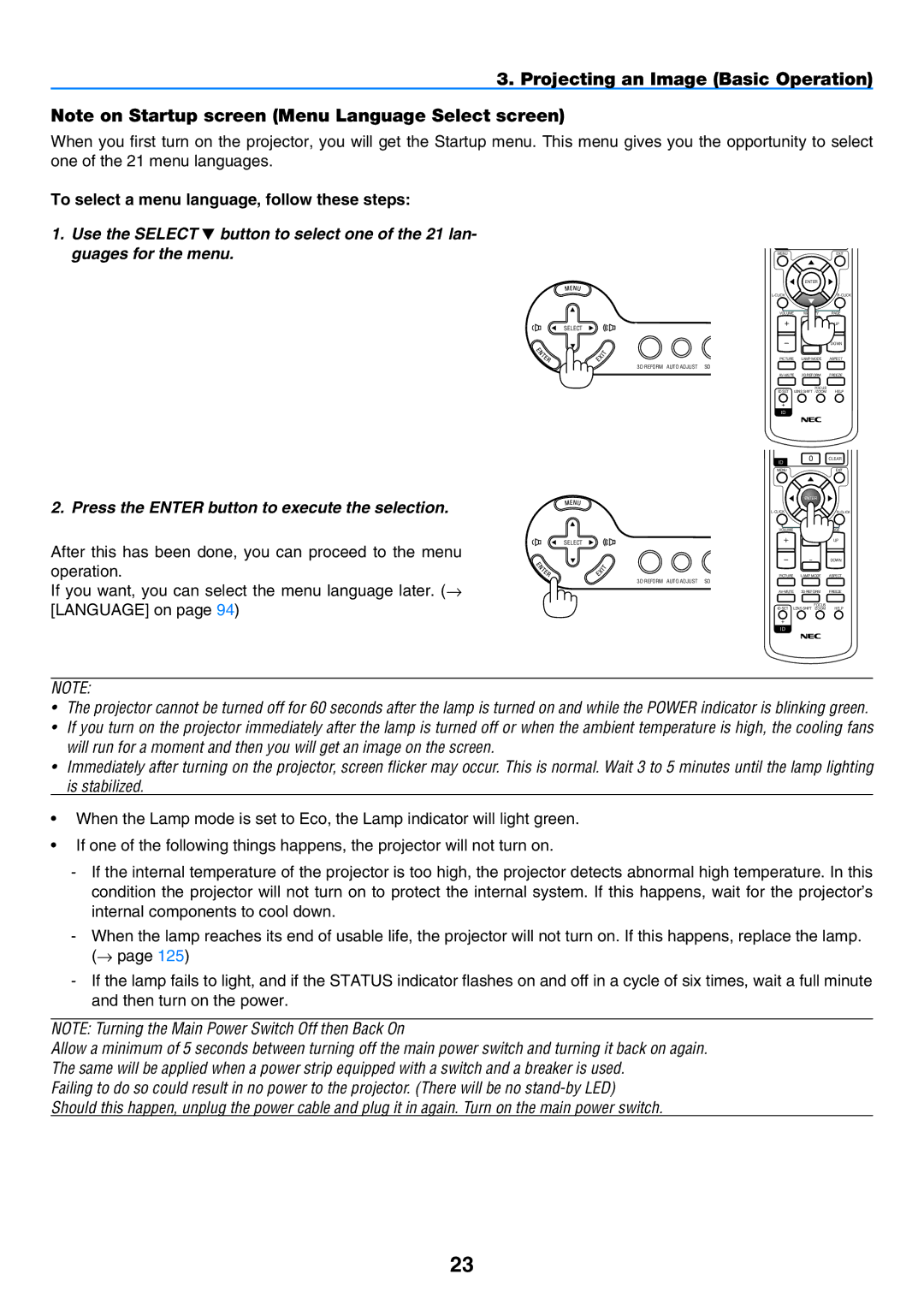 NEC NP901W user manual Projecting an Image Basic Operation, To select a menu language, follow these steps 