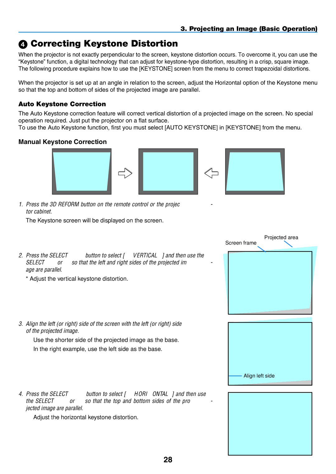 NEC NP901W user manual  Correcting Keystone Distortion, Auto Keystone Correction, Manual Keystone Correction 