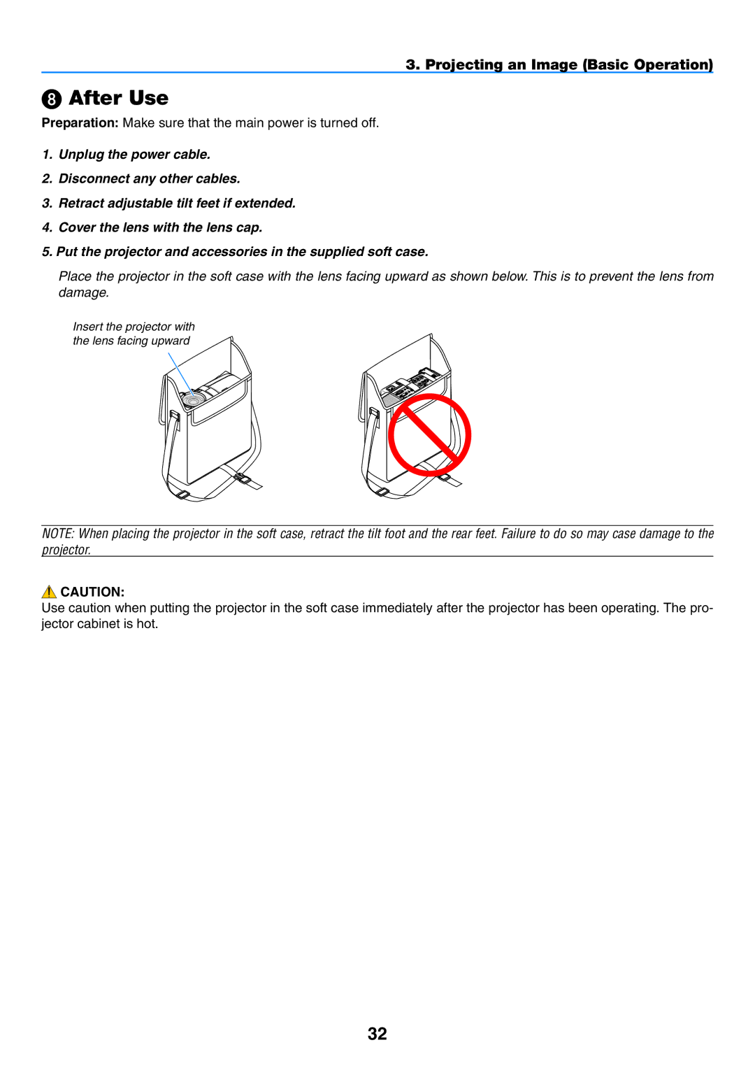 NEC NP901W user manual  After Use, Preparation Make sure that the main power is turned off 