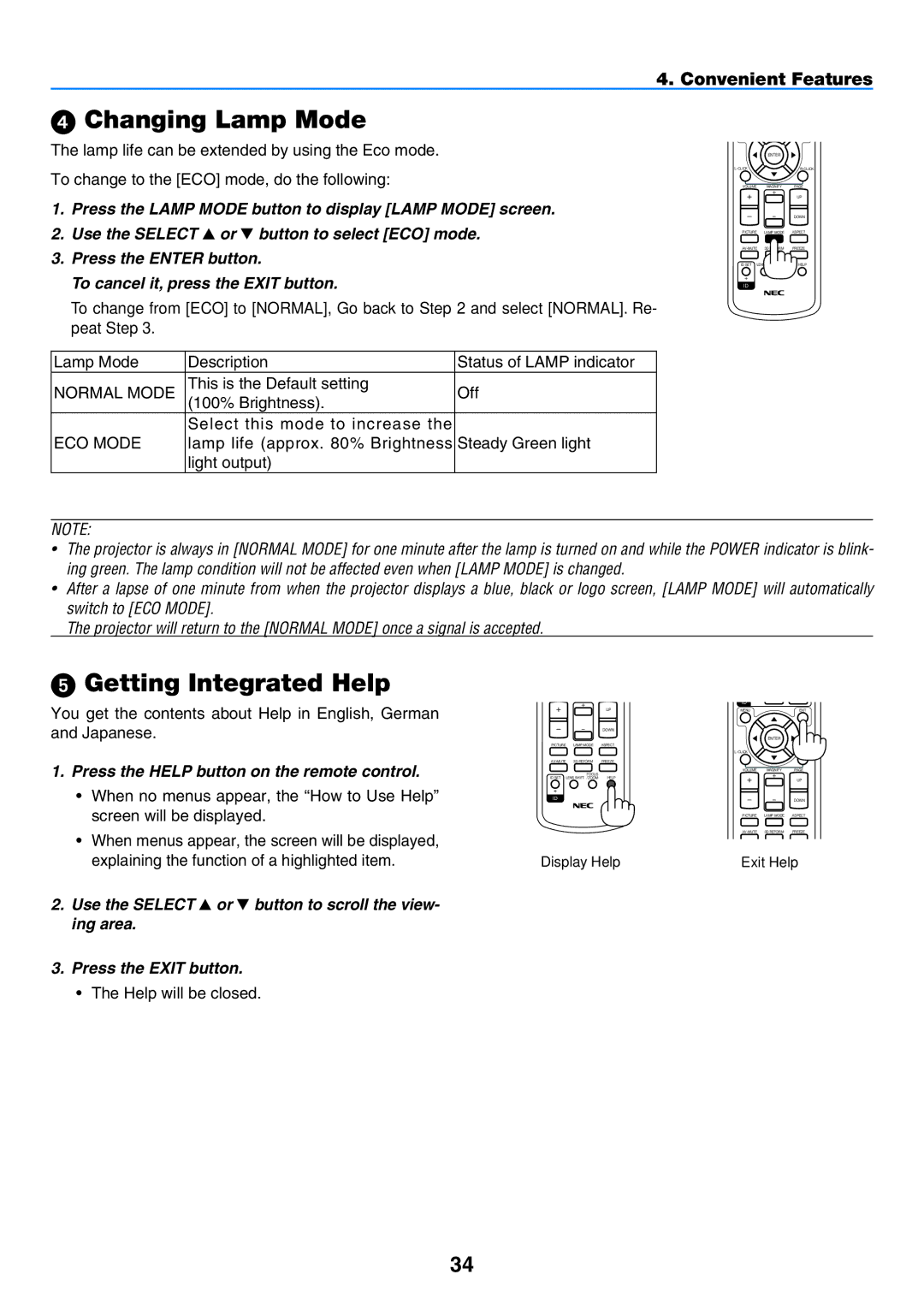 NEC NP901W user manual  Changing Lamp Mode,  Getting Integrated Help, Convenient Features 