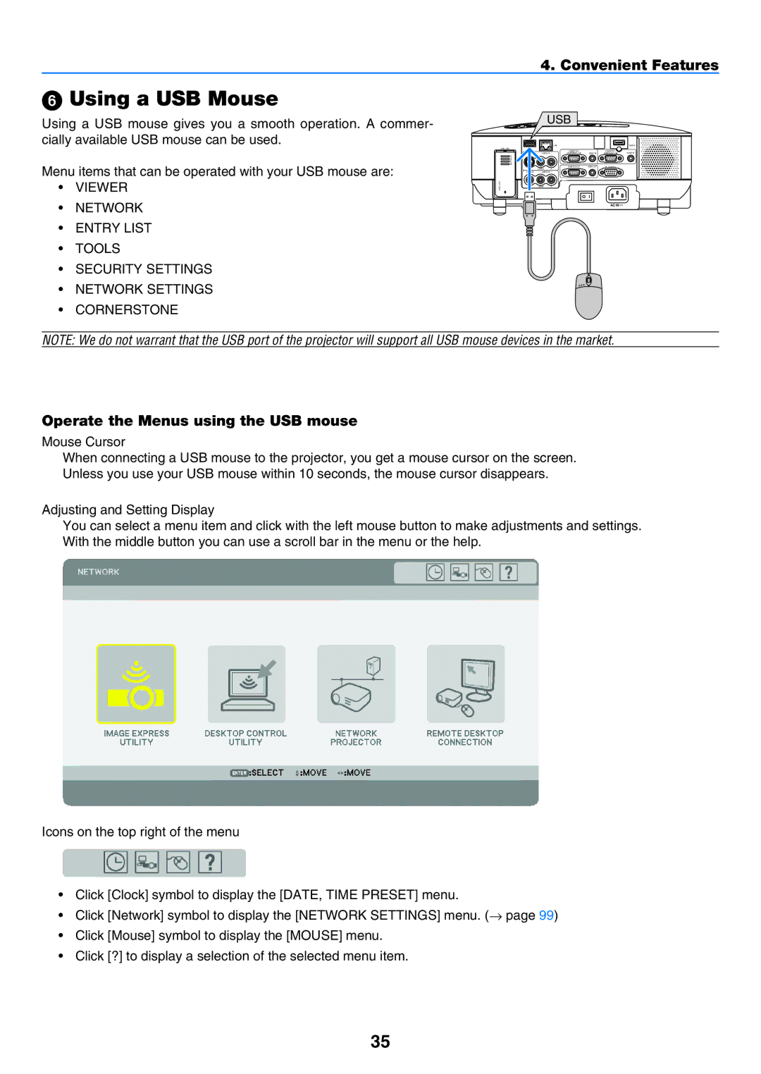 NEC NP901W user manual  Using a USB Mouse, Operate the Menus using the USB mouse, Mouse Cursor 