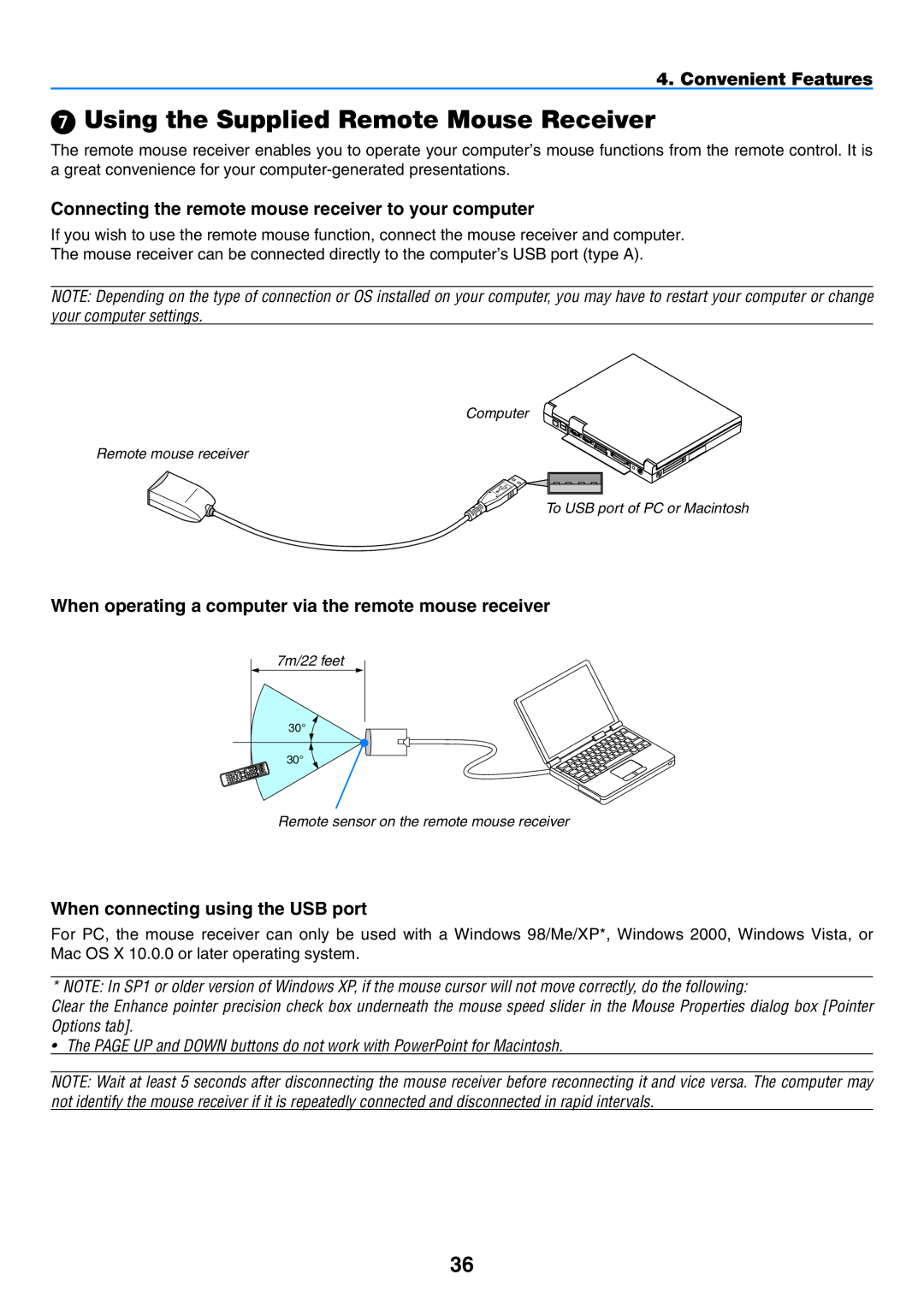 NEC NP901W user manual  Using the Supplied Remote Mouse Receiver, Connecting the remote mouse receiver to your computer 