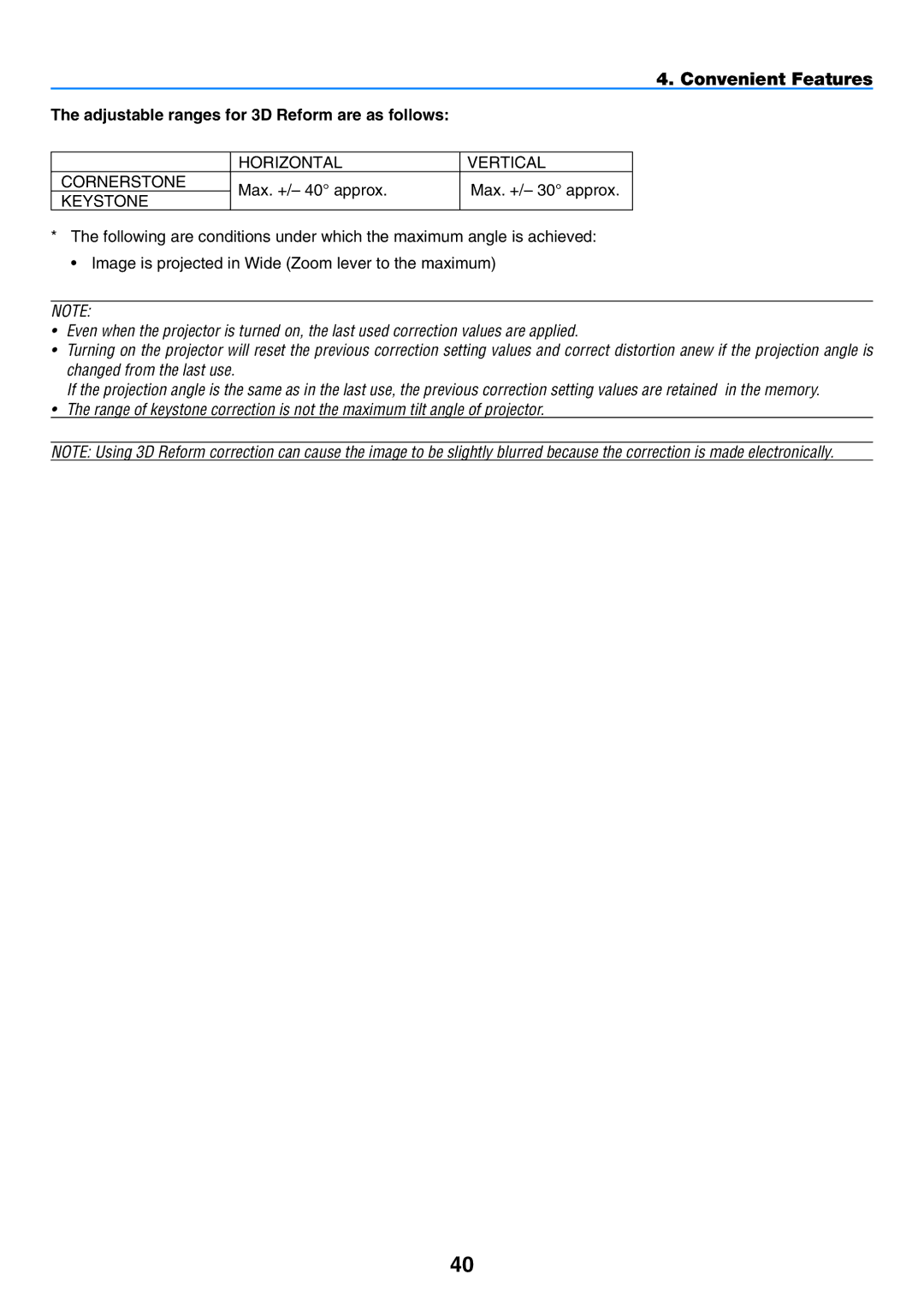 NEC NP901W user manual Adjustable ranges for 3D Reform are as follows 