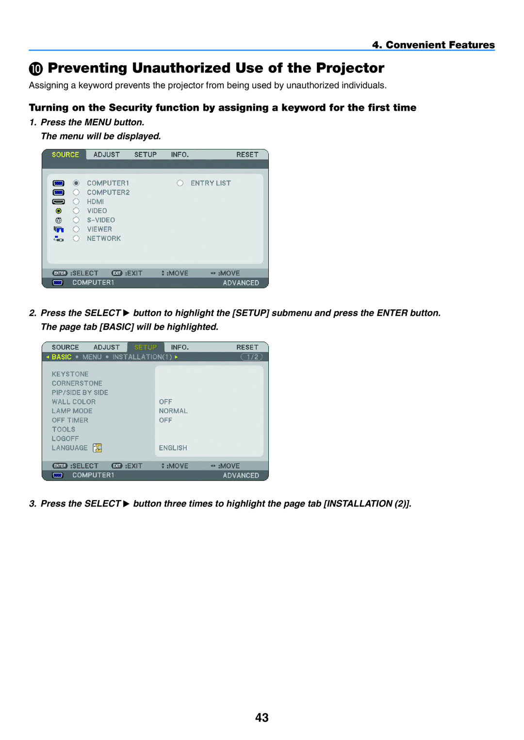 NEC NP901W user manual  Preventing Unauthorized Use of the Projector 