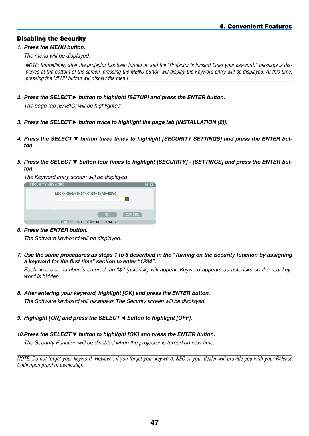 NEC NP901W user manual Convenient Features Disabling the Security 