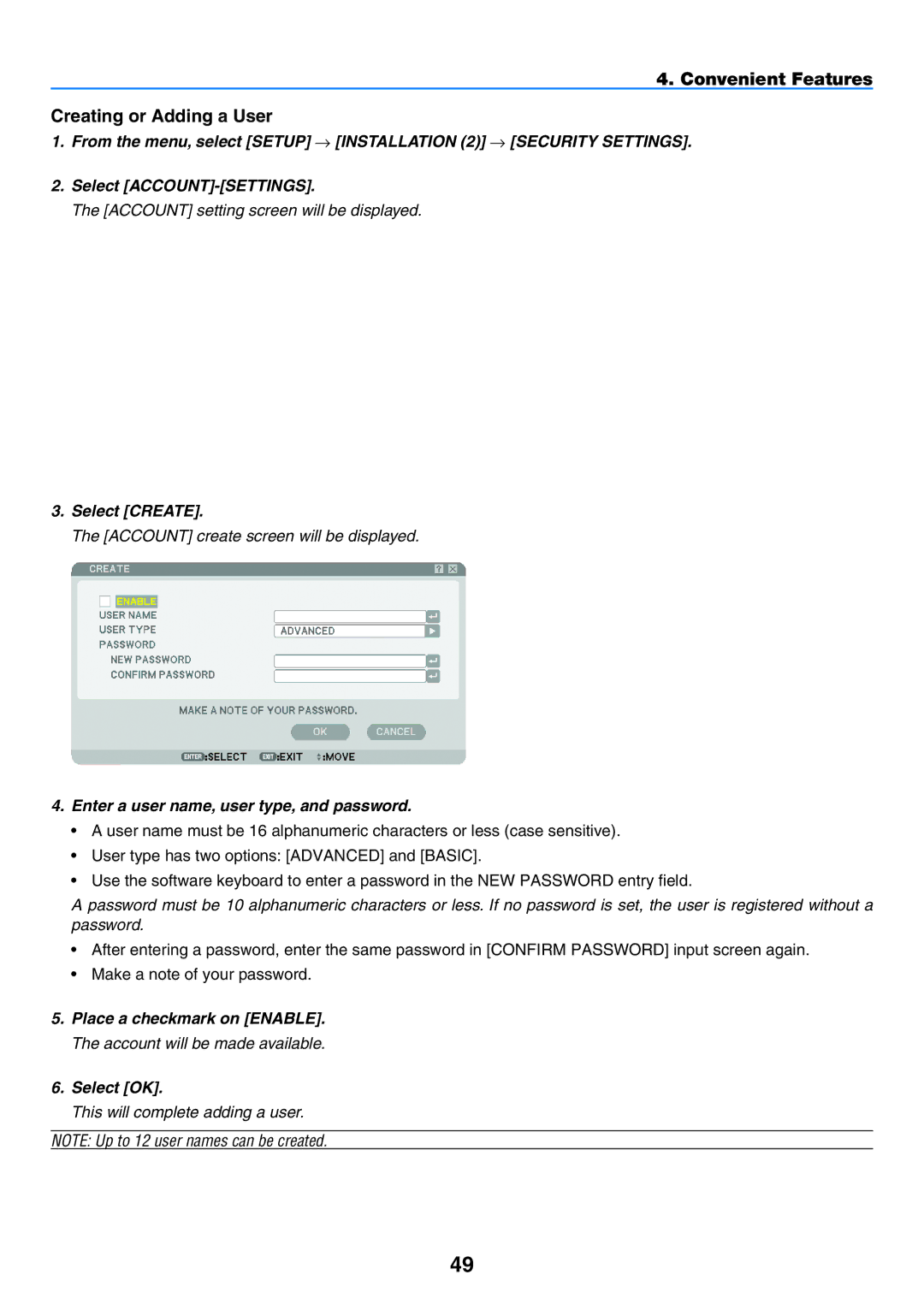 NEC NP901W Convenient Features Creating or Adding a User, Select Create, Enter a user name, user type, and password 