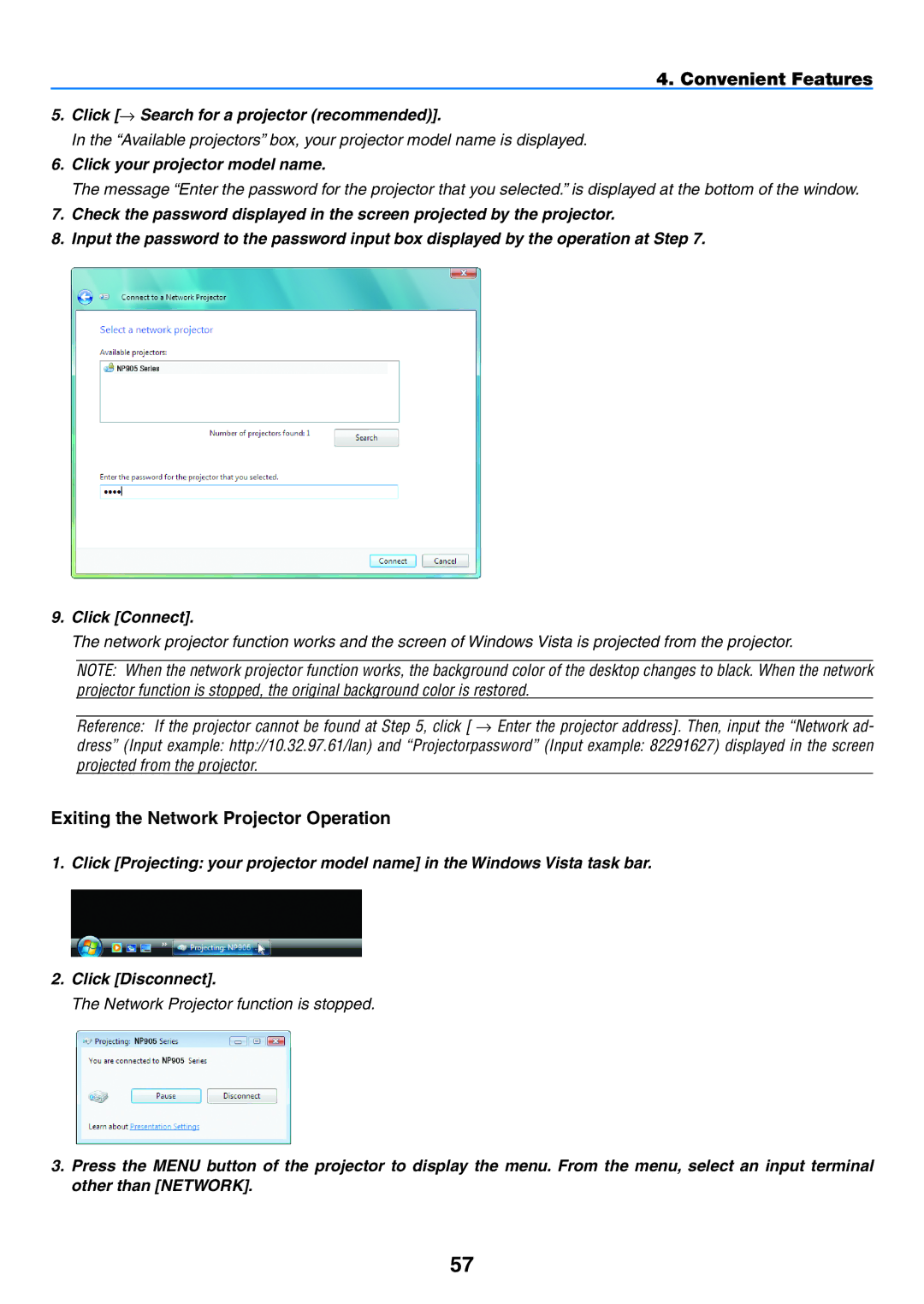 NEC NP901W user manual Exiting the Network Projector Operation, Click → Search for a projector recommended 