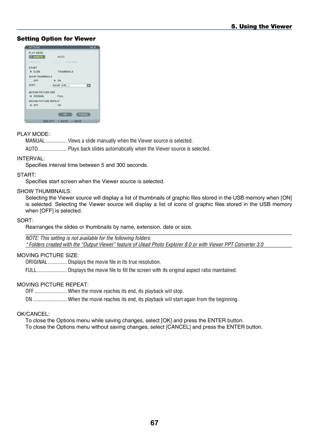 NEC NP901W user manual Using the Viewer Setting Option for Viewer, Moving Picture Size, Moving Picture Repeat 