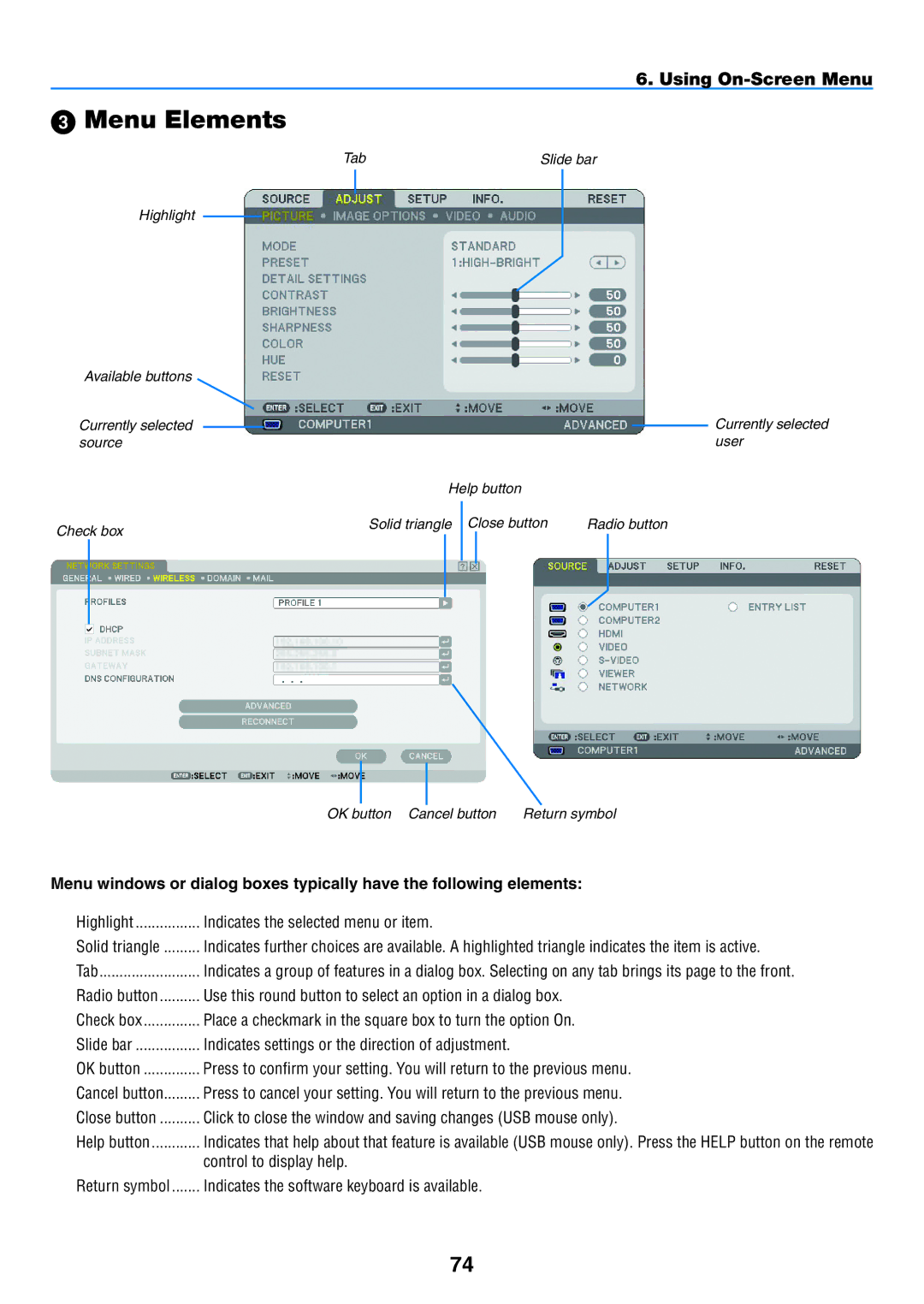 NEC NP901W user manual  Menu Elements 