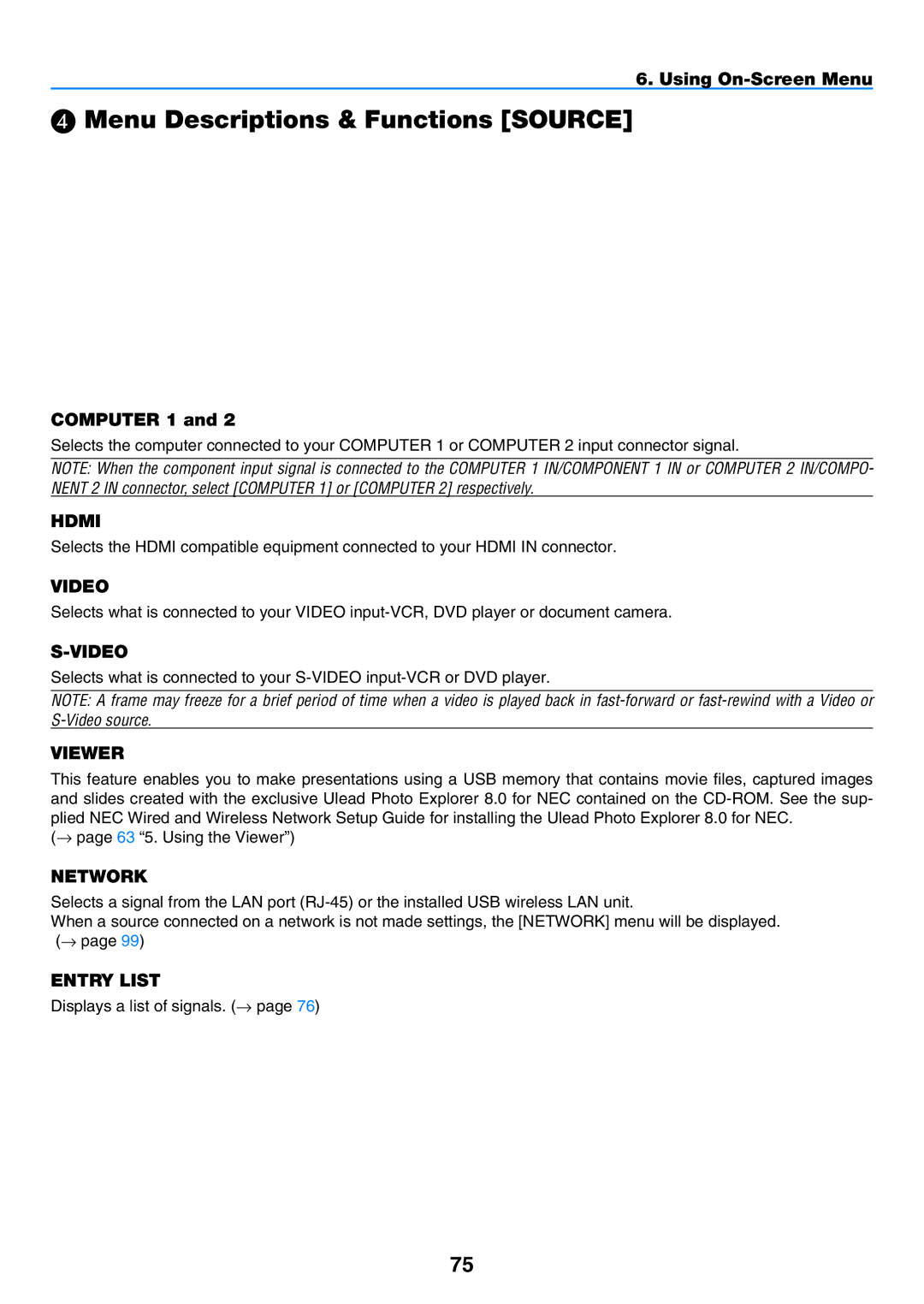 NEC NP901W user manual  Menu Descriptions & Functions Source 