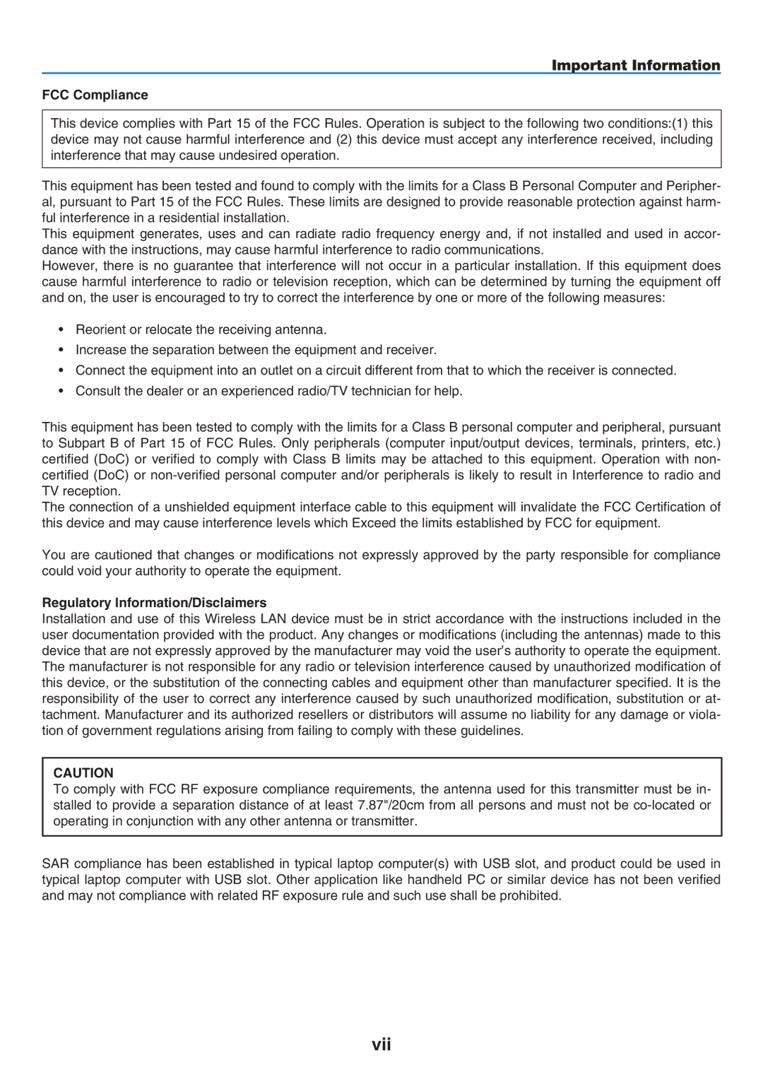 NEC NP901W user manual Vii, FCC Compliance, Regulatory Information/Disclaimers 