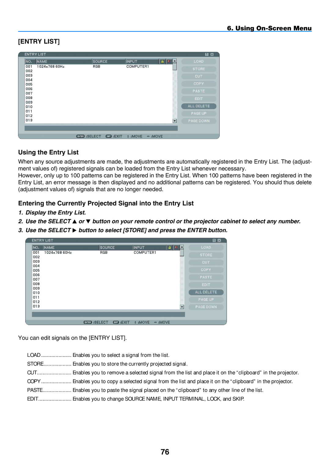 NEC NP901W user manual Using On-Screen Menu Entry List Using the Entry List, Copy 