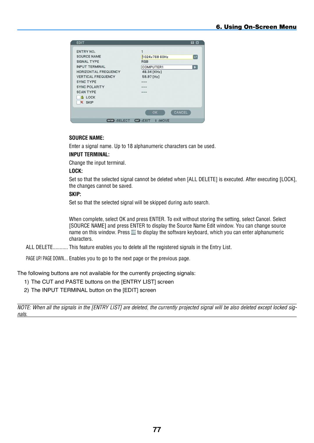 NEC NP901W user manual Source Name, Input Terminal, Lock, Skip 