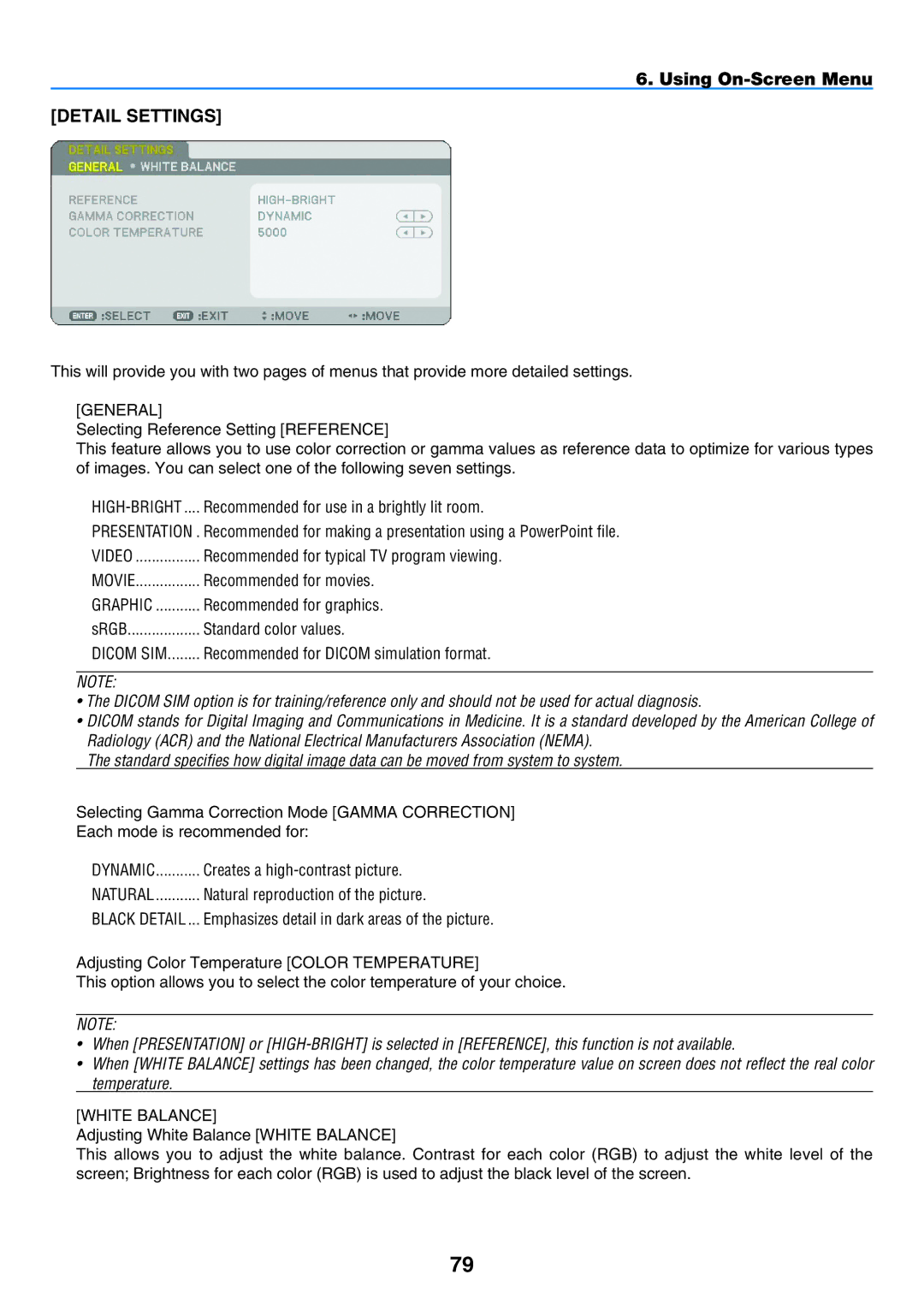 NEC NP901W user manual Using On-Screen Menu Detail Settings, Standard color values 