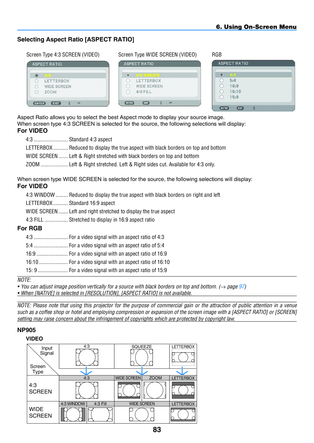 NEC NP901W user manual Using On-Screen Menu Selecting Aspect Ratio Aspect Ratio, For Video, For RGB, NP905 